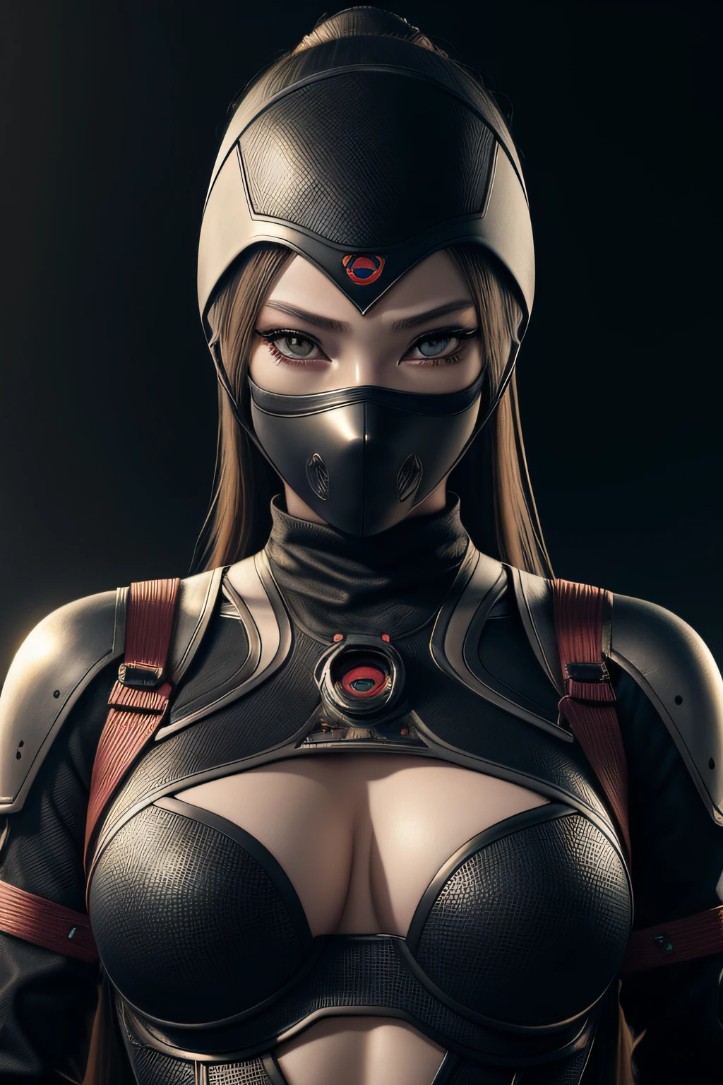 female robot, hot , ninja, wearing mask on face, ((realistic:1.5)), detailed face,beautiful eye, detailed pupilss,detailed clothes features, clear background:1.3), sexy, big breasts, ultra high res