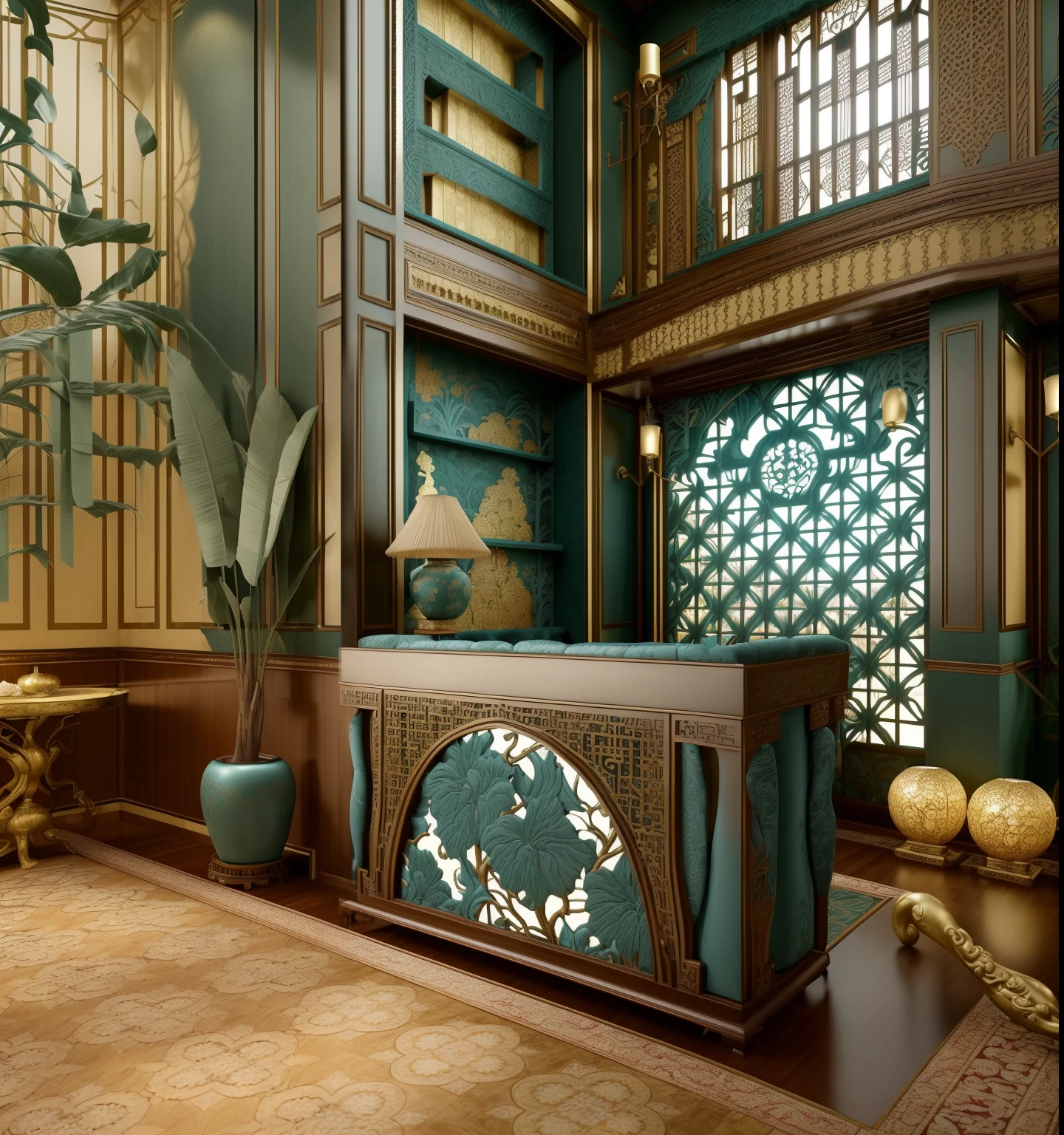 RAW photo, interior classic style, (high detailed skin:1.2), 8k uhd, dslr, soft lighting, high quality, Please generate an exquisite and highly detailed image of an Indochine-style multi-story villa living room. The room should feature luxurious black wood furniture, prominently displayed wall art or stone cladding with standout patterns, elegant LED and chandelier lighting, an impressive deep teal velvet or silk sofa, and harmonious wall paint and curtain colors that enhance the interior. Additionally, include a TV mounted on the wall. Emphasize the richness of the Indochine style, with intricate details on the dark wood furniture, the grandeur of the chandelier lighting, and the overall opulent ambiance of the space. Create an image that exudes opulence, comfort, and a perfect harmony of elements, making it a standout representation of the Indochine aesthetic