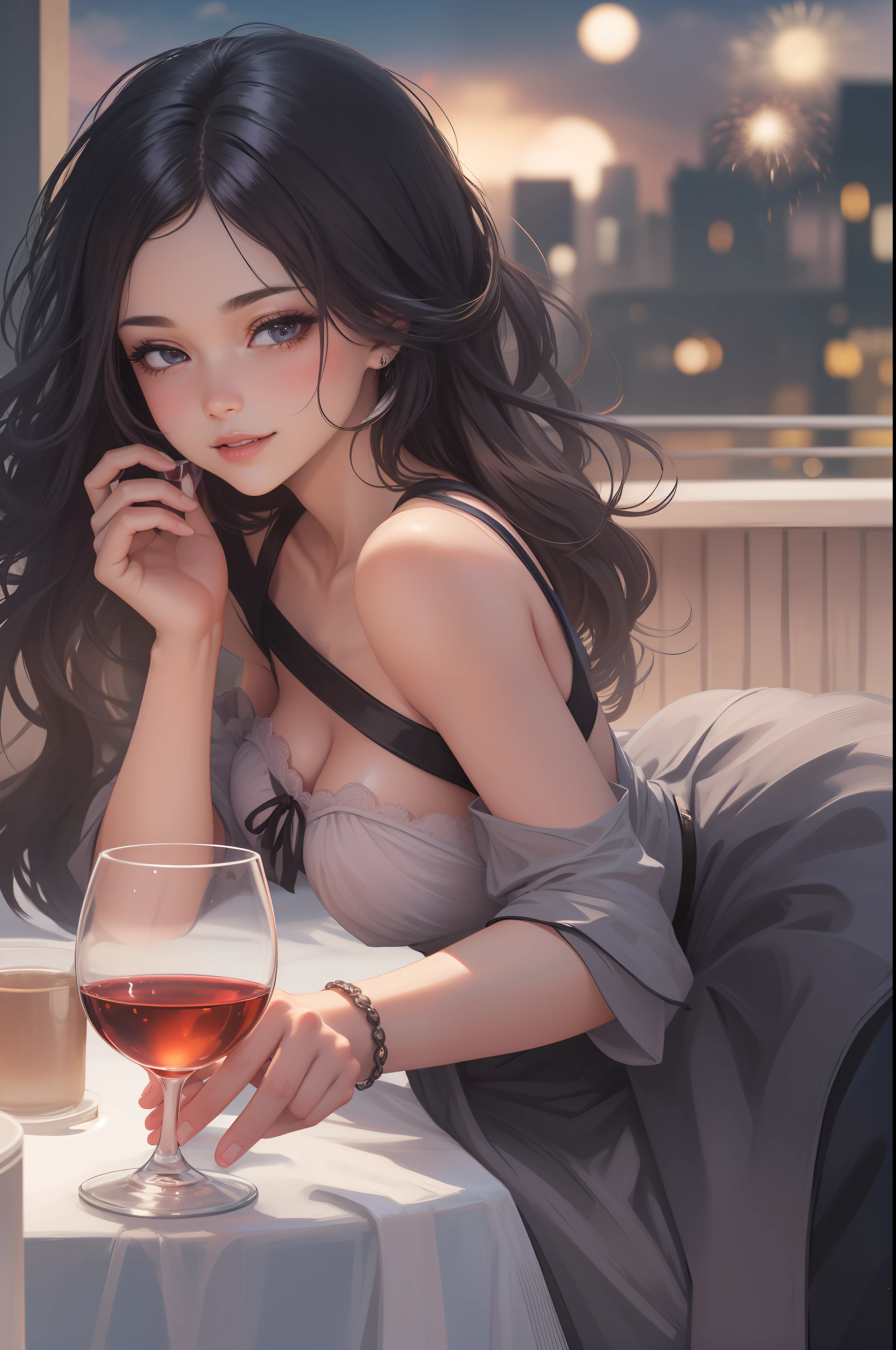 ((A sexy and beautiful woman holding a wine glass and looking at me on the terrace)), ((The cutest 22-year-old beauty)), Charming smile, ((Fireworks in the background) ), ((Very long hair) ), ((One piece with a lot of exposed parts)), ((Rich bust)), Gradient eyes, Seductive makeup, Single view, NFFSW, UHD, Retina, Masterpiece, Accurate, Anatomy Scientifically correct, textured skin, super detail, high detail, high quality, award winning, highest quality, high resolution, 1080P, HD, 4K, 8k, 16k