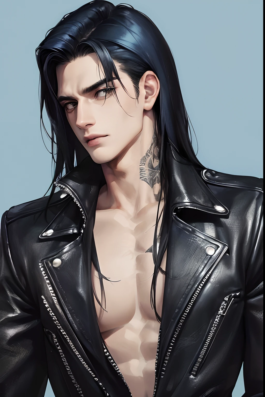 cover for a book, photography of a heavy metal star, a solo man, (((man))), (masculine face), 25 years old, singer, bad boy, (black eyes), expressive look, long dark blue black hair, (((bar background))), straight hair, blueshine hair, unshaven, black leather jacket, long sleve jacket, leather pants, chest tattoo, super detailed face, perfect body, perfect shapes, realistic image, award winning photography, 8k,