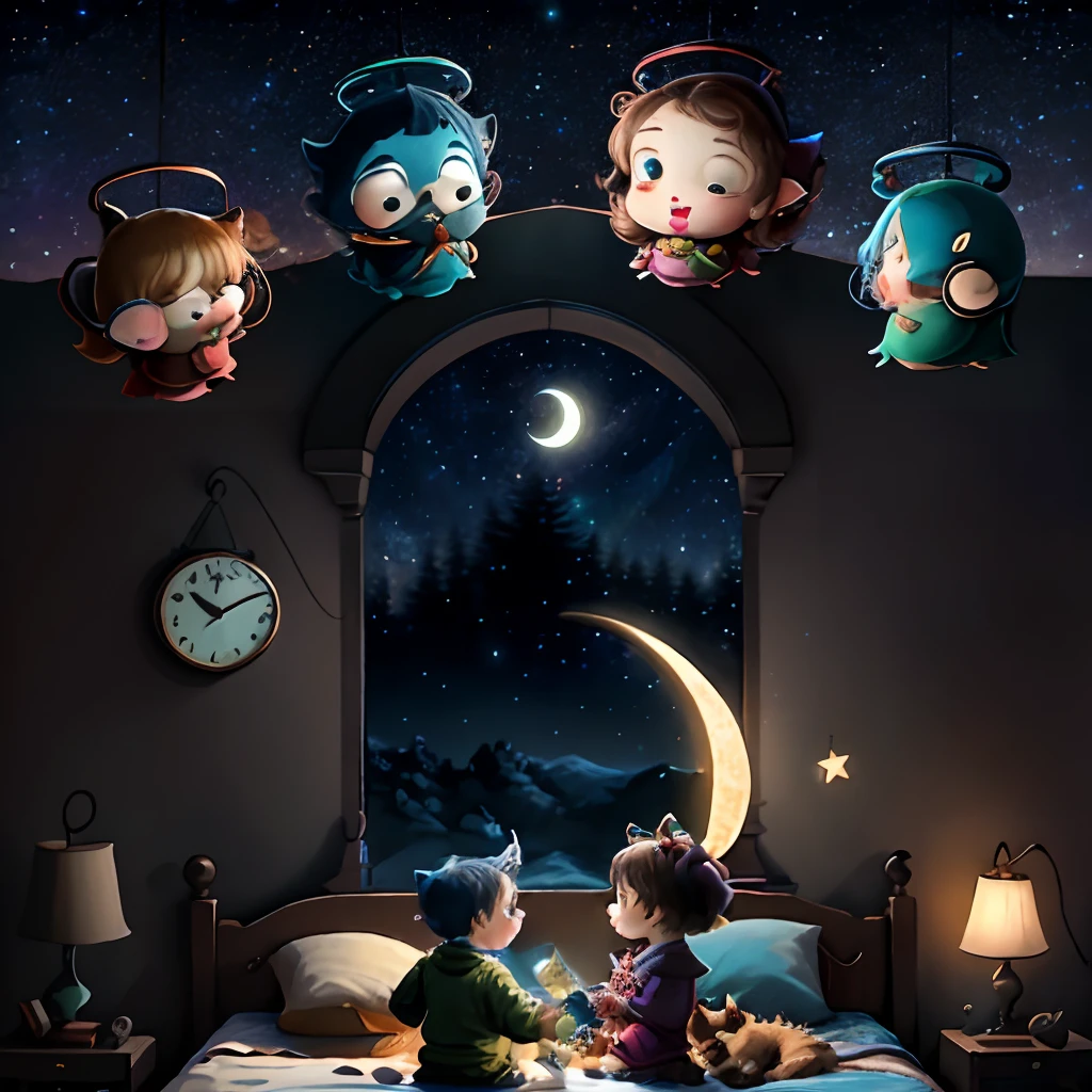 The banner features a whimsical nighttime scene, with a starry sky as the backdrop. In the center, a cozy bed is placed, adorned with colorful blankets and pillows. On the bed, a child is seen, wide-eyed and captivated, listening to a story being read by a friendly, animated character. The character could be a magical creature like a fairy, a friendly animal, or a playful book character. The scene is filled with elements of enchantment, such as floating books, twinkling stars, and a crescent moon casting a soft glow. The banner also includes the channel's name, creatively designed with playful fonts and vibrant colors, reflecting the joy and imagination associated with bedtime stories. The overall design aims to evoke a sense of wonder, warmth, and excitement, inviting viewers to join in the magical world of bedtime stories on the channel.