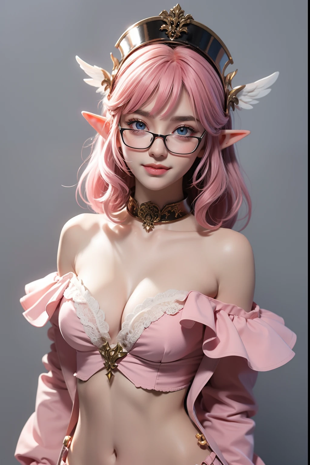 1 cute elf race. sexy girl (18yo) glasses, dark eyes, upper body, slim waist, natural medium breast, sexy pose, seductive expression, bangs, random hairstyle, cleavage, navel, collar, collarbone, off shoulder, seductive smile, wear intricately detail hot and sexy outfit, angel costume, white and pink color, wear unique helmet, random light color, upper body. flat gray color for background
