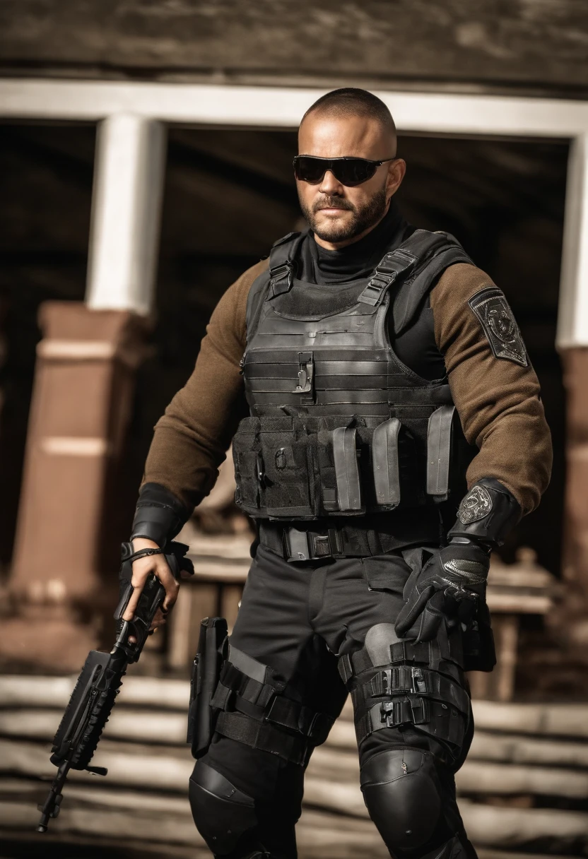 Um Policial com o rosto super detalhado de caveira sinistra, com os olhos super detalhados e sinistros, com um sorriso super detalhado e sinistro，With two daggers in his hands，Special Forces style, estilo assassino, Com um rifre de assalt fusil nas costas, Facing a super detailed penitentiary and catching fire, sinister and burning penitentiary, Penitentiary door similar to hell's gate, Credo dos Assassinos. Make sure there is no noise and that the lines are thick and sharp like contour art, (((pose interagindo e se apoiando [em uma objeto|em algo no ambiente]))), foco em um quadro vertical da imagem."((corpo inteiro):1.5). 16k, UHD, best possible quality, ((best possible detail):1), best possible resolution, Motor Unreal 5, fotografia profissional, perfeito_Hands, (perfeito:1.2)