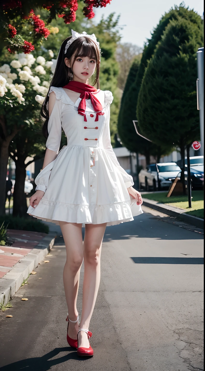 (to the firmware), 1womanl, 24 years of age, 7headed body, (Cute face), (Ideal body proportions), Modern old town view, ((Lolita costume)), (((Red muffler))), Wet, white skinned, slenderness, Dark hair, Long hair, beautifullegs, Small buttocks, Skinny legs, surrealism, Cinematic lighting, depth of fields, One-person viewpoint, f/1.8, 135 mm, NFFSW, masutepiece, ccurate, Anatomically correct, Textured skin, Super detail, High details, High quality, awardwinning, Best quality, A high resolution, 8K