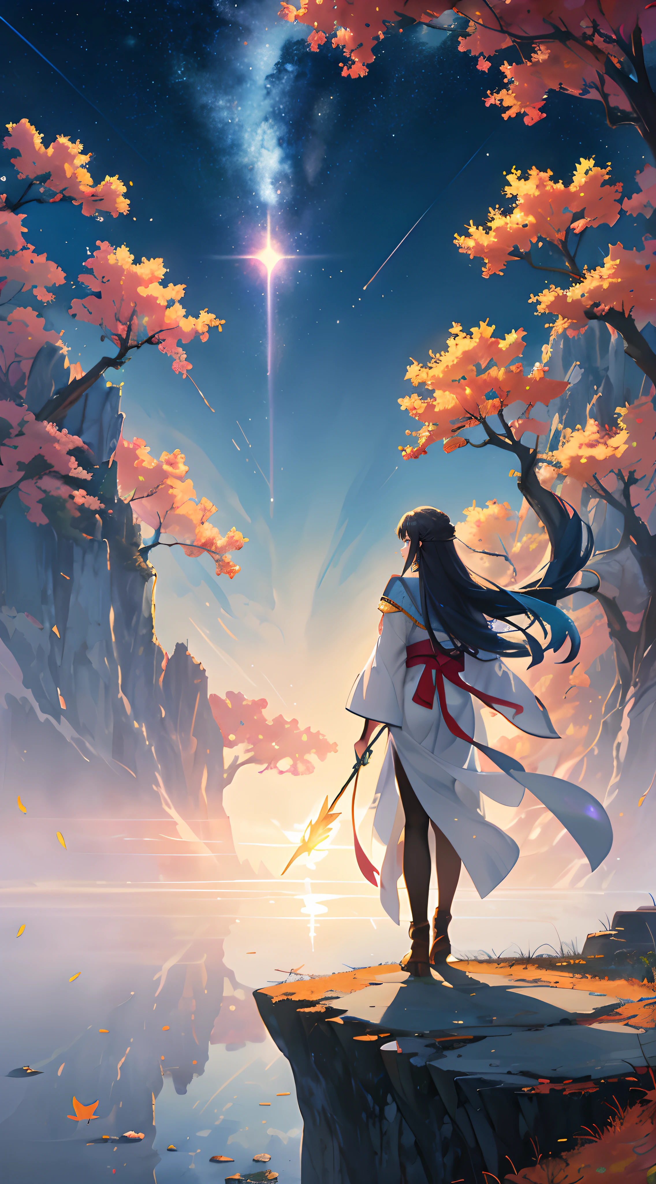 ancient fantasy world, a sunset above mountain range in the background masterpiece, tall cliff, rule of third, human walking back with wand gun (human walking back :1.0), beautiful art uhd 4k, 4k hd wallpaper very detailed, extraordinary colorful landscape, 4k highly detailed digital art, landscape wallpaper, scenic colorful environment, fantastic landscape, 8k high quality detailed art, majestic nature scenery, detailed painting 4k, epic beautiful landscape, natural landscape beauty, Landscape, lots of glow particle, fireflies, very many lots of fireflies, makoto shinkai cyril rolando, kimi no nawa meteor, anime art wallpaper 8k, Top quality masterpiece, deep focus, macro shot, lots lamp, falling leaf, glowing light, object, color combination masterpiece, glowing light, dark, reflection, beautiful anime scene, japanese concept landscape art, volumetric lighting, bokeh, anime beautiful peace scene, pure lanscape, 8k beautiful anime, intricate, elegant, point of interest photography, anime (masterpiece, lighting, finely detailed), colorful sky, ray of light, rule of third, colorful landscape, (dew, water : 0.2), Fog, Colorful Natural Lighting Masterpiece, ( all nature element is glowing light : 1.2), Sun Lens Flare Masterpiece,