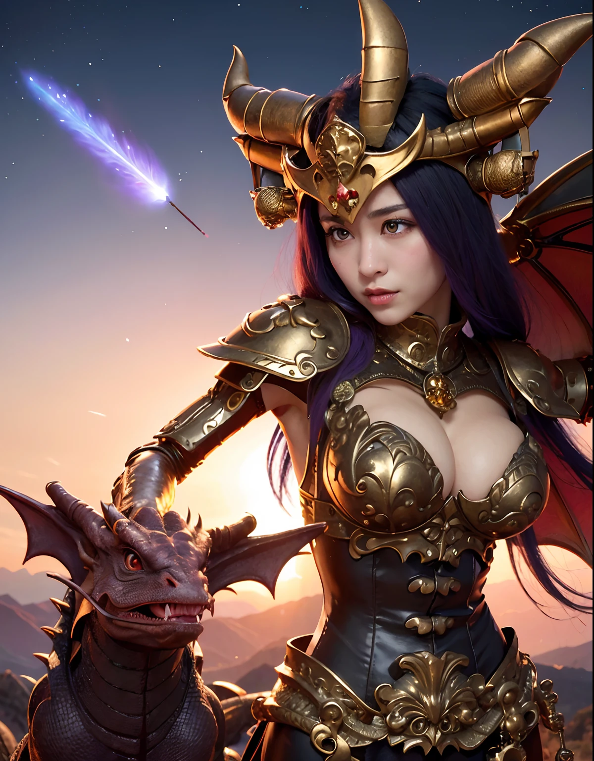 Professional , masterpiece、top-quality、photos realistic , depth of fields 、(Dragon Blue Metal Body:1.3),(Enamel purple、Black world、Night World、a moon、(cleavage of the breast)、Mystical expression、Dragon Gold Weapon、(Red Micro Bikini Armor:1.2),Gorgeous gold weapons ,Particles of light、(( Dragon's dense and gorgeous sword)) , (demonic wings)、((a blond))、(Castle background)、((Gangle's forest background))、((Fight dragons))、Beautiful Caucasian beauty、1a person、dynamic ungle,(((Detailed and ornate dragon helmet)))、Smaller head、A smile、Castle background、Thin and beautiful female hands、cleavage of the breast、Soldier in iron armor on background、Mystical expression、Light Effects、intense fighting、Wind-effect、magic circles、With the legendary magic wand、Dragon's tail、explosions、Anatomically correct body、