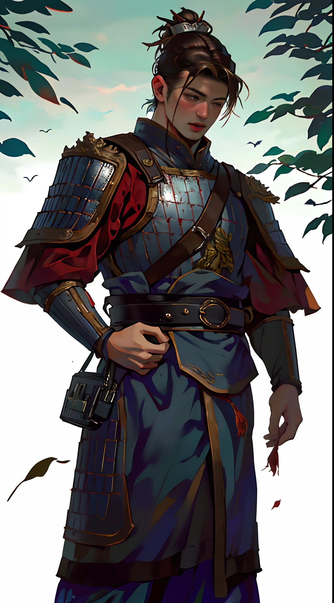 8K, RAW photo, Best quality, (Masterpiece:1.2), (Realistic:1.3), (Photorealistic:1.3), Ultra-detailed, (highdetailskin:1.2), Soft lighting, filmgrain, Fujifilm XT3, Handsome,Muskell,full bodyesbian,1boys,Armor,(((symetry
))),single hair bun,,Hair crown,Red clothes