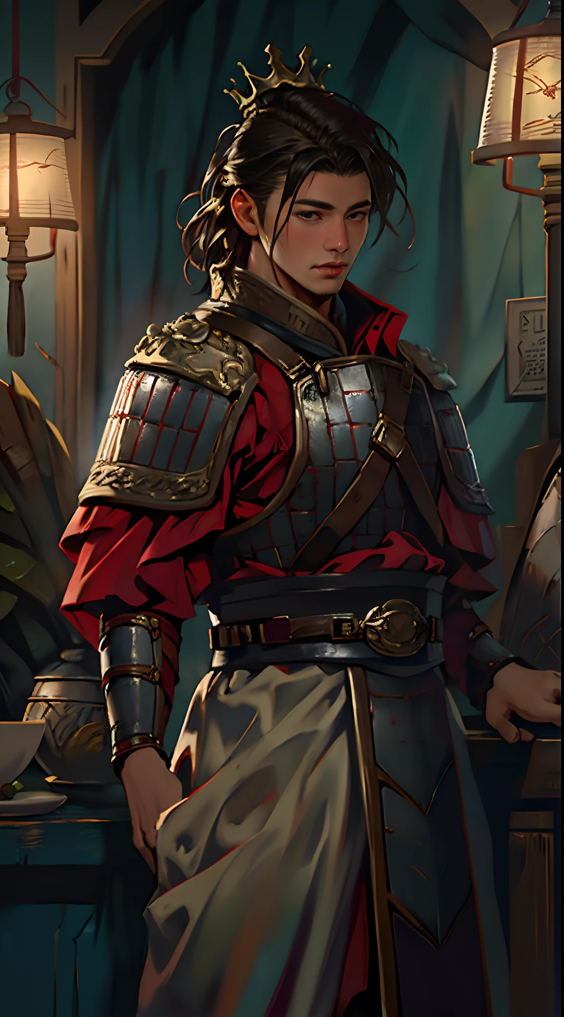 8K, RAW photo, Best quality, (Masterpiece:1.2), (Realistic:1.3), (Photorealistic:1.3), Ultra-detailed, (highdetailskin:1.2), Soft lighting, filmgrain, Fujifilm XT3, Handsome,Muskell,full bodyesbian,1boys,Armor,(((symetry
))),single hair bun,,Hair crown,Red clothes