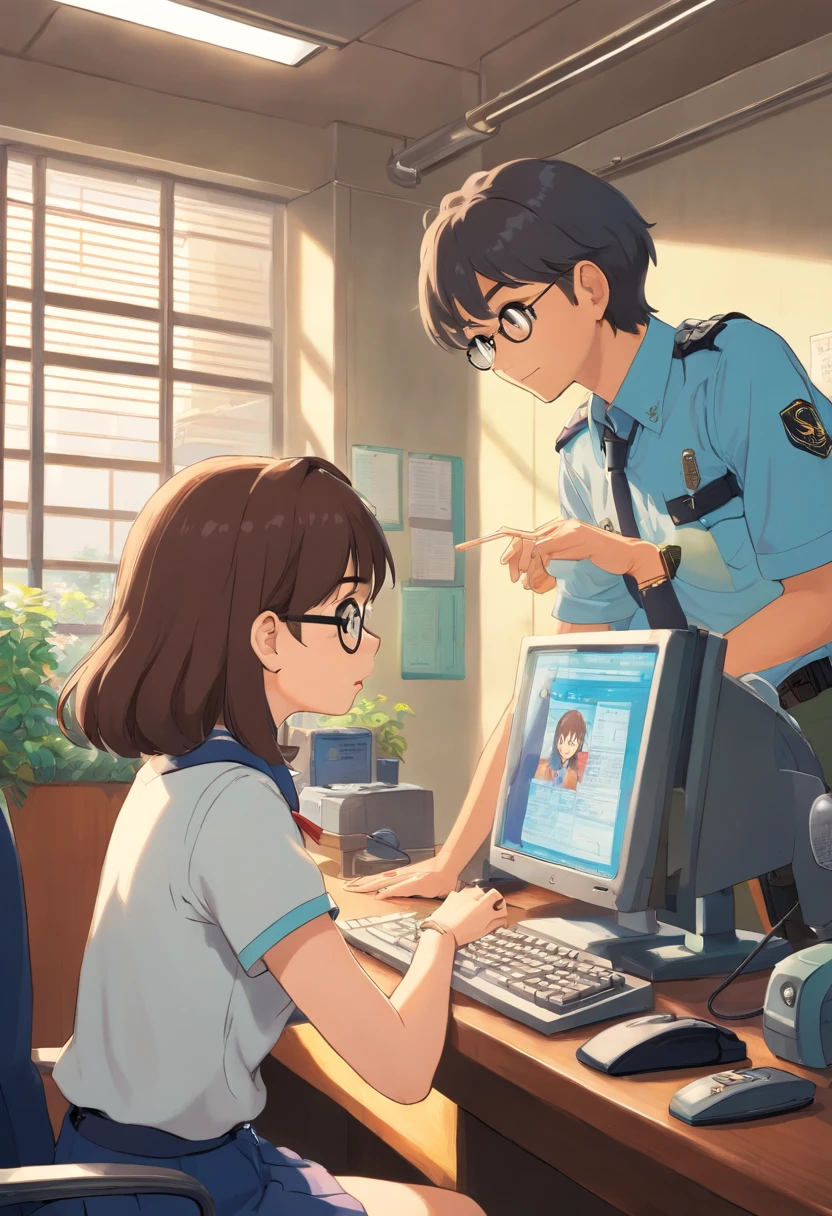 a pretty girl talking with a young man in a police station; the girl wear glasses and non-uniform; the man use a computer to recording; japanese comics cover;