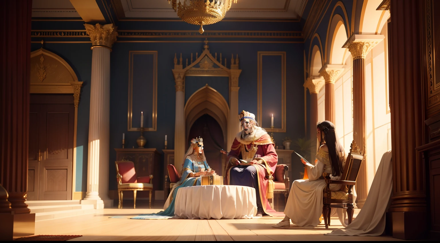 King Solomon bible receiving the Queen of Sheba in the room of his royal palace, realistic, 8k