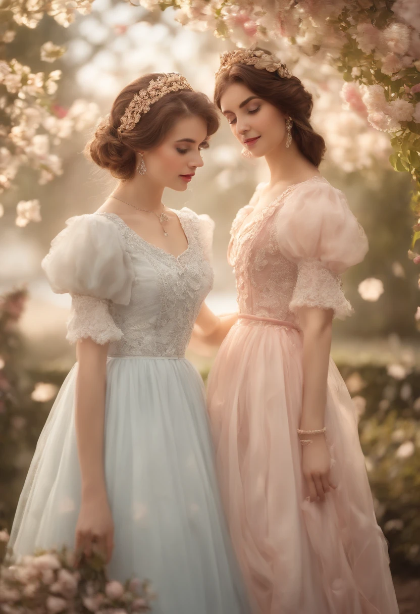 (best quality,4k,8k,highres,masterpiece:1.2),ultra-detailed,(realistic,photorealistic,photo-realistic:1.37),drawing art,sketching,illustrations,hand-drawn,charming costumes,beautifully detailed,Lolita style,fancy dress,Lolita design,elegant,ornate,frilly dresses,delicate lace,floral patterns,vibrant colors,exquisite designs,meticulous attention to detail,elaborate bows and ribbons,nostalgic,pose for photographs,feminine charm,flowing skirts,graceful movements,dreamy atmosphere,vintage-inspired,retro feel,intricate beadwork and embroidery,attention-grabbing headpieces,soft lighting,romantic ambiance,subtle shadows,dream-like quality,enchanted garden background,serene and peaceful setting,2 girls wearing different Lolita dresses,imagine themselves in a magical world.