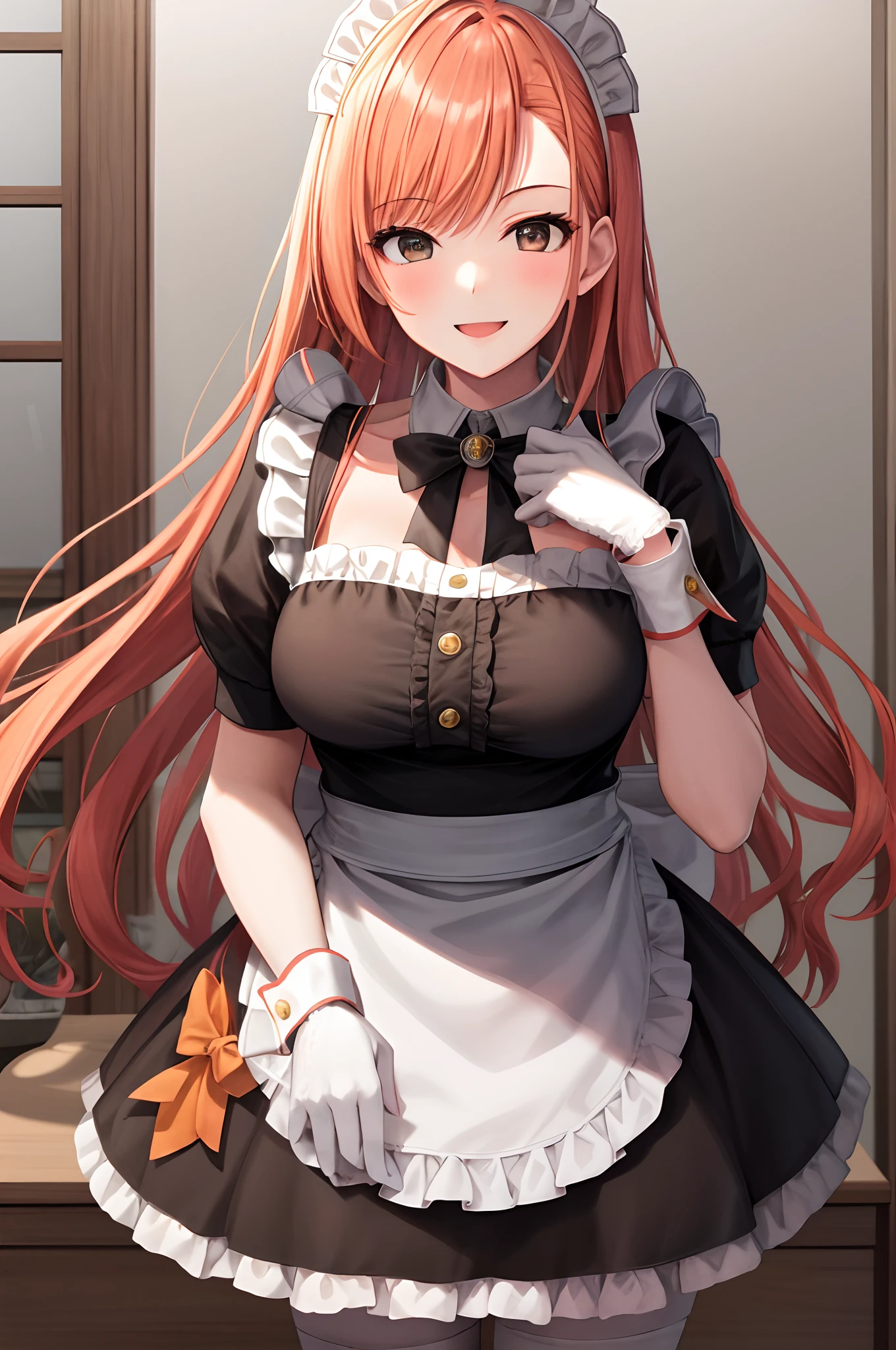 masterpiece, best quality, arisugawa natusha, 1girl, solo, standing, smile, bangs, breasts, maid headdress, maid, frills, black dress, detached collar, puffy short sleeves, wrist cuffs, apron, white thighhighs, long hair, orange hair, looking at viewer, closed mouth,