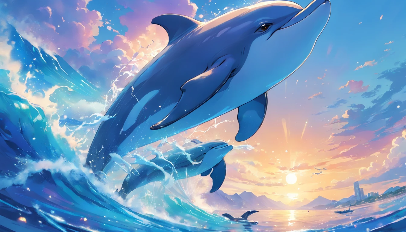 Painting of dolphins swimming in colorful ocean, Look up at the composition，sky whales, inspired by Cyril Rolando, dreamy psychedelic anime, colorful anime movie background, A beautiful artwork illustration, author：Shitao, colorful concept art, Makoto Shinkai Cyrillo Rolando, in the style of Cyril Rolando, flying whale, highly detailed water colour 8k, highly detailed water colour 8 k，octane，the end，Realistic，8K，Estilo de Makoto Shinkai( reasonable design, 清晰的线条, High- sharpness,Best quality, Very detailed, Master parts, movie light effect, 4K )
