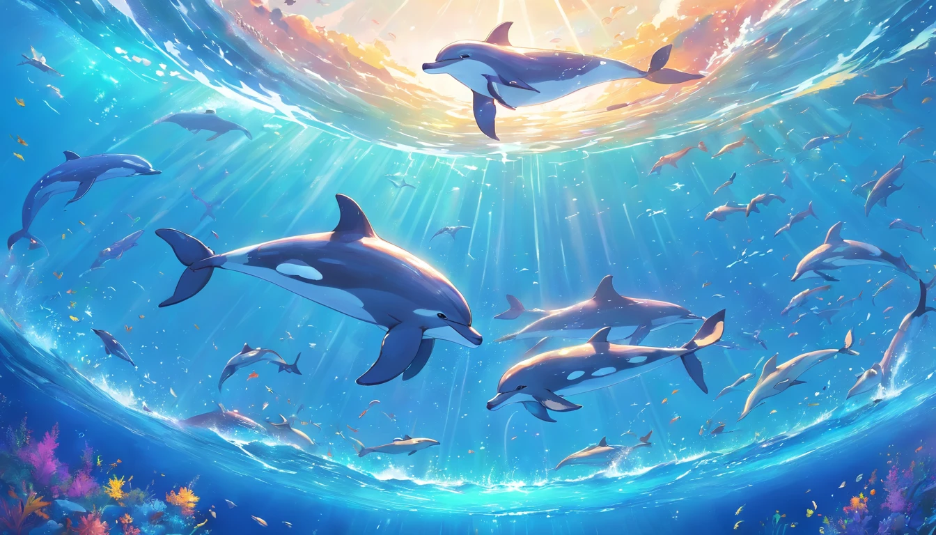 Painting of dolphins swimming in colorful ocean, Look up at the composition，sky whales, inspired by Cyril Rolando, dreamy psychedelic anime, colorful anime movie background, A beautiful artwork illustration, author：Shitao, colorful concept art, Makoto Shinkai Cyrillo Rolando, in the style of Cyril Rolando, flying whale, highly detailed water colour 8k, highly detailed water colour 8 k，octane，the end，Realistic，8K，Estilo de Makoto Shinkai( reasonable design, 清晰的线条, High- sharpness,Best quality, Very detailed, Master parts, movie light effect, 4K )