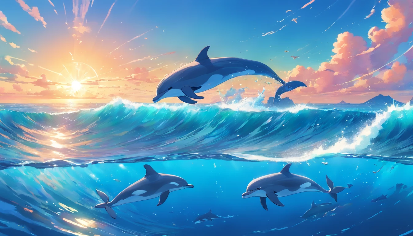 Painting of dolphins swimming in colorful ocean, Look up at the composition,sky whales, inspired by Cyril Rolando, dreamy psychedelic anime, colorful anime movie background, A beautiful artwork illustration, author:Shitao, colorful concept art, Makoto Shinkai Cyrillo Rolando, in the style of Cyril Rolando, flying whale, highly detailed water colour 8k, highly detailed water colour 8 k,octane,the end,Realistic,8K,Estilo de Makoto Shinkai( reasonable design, 清晰的线条, High- sharpness,Best quality, Very detailed, Master parts, movie light effect, 4K )