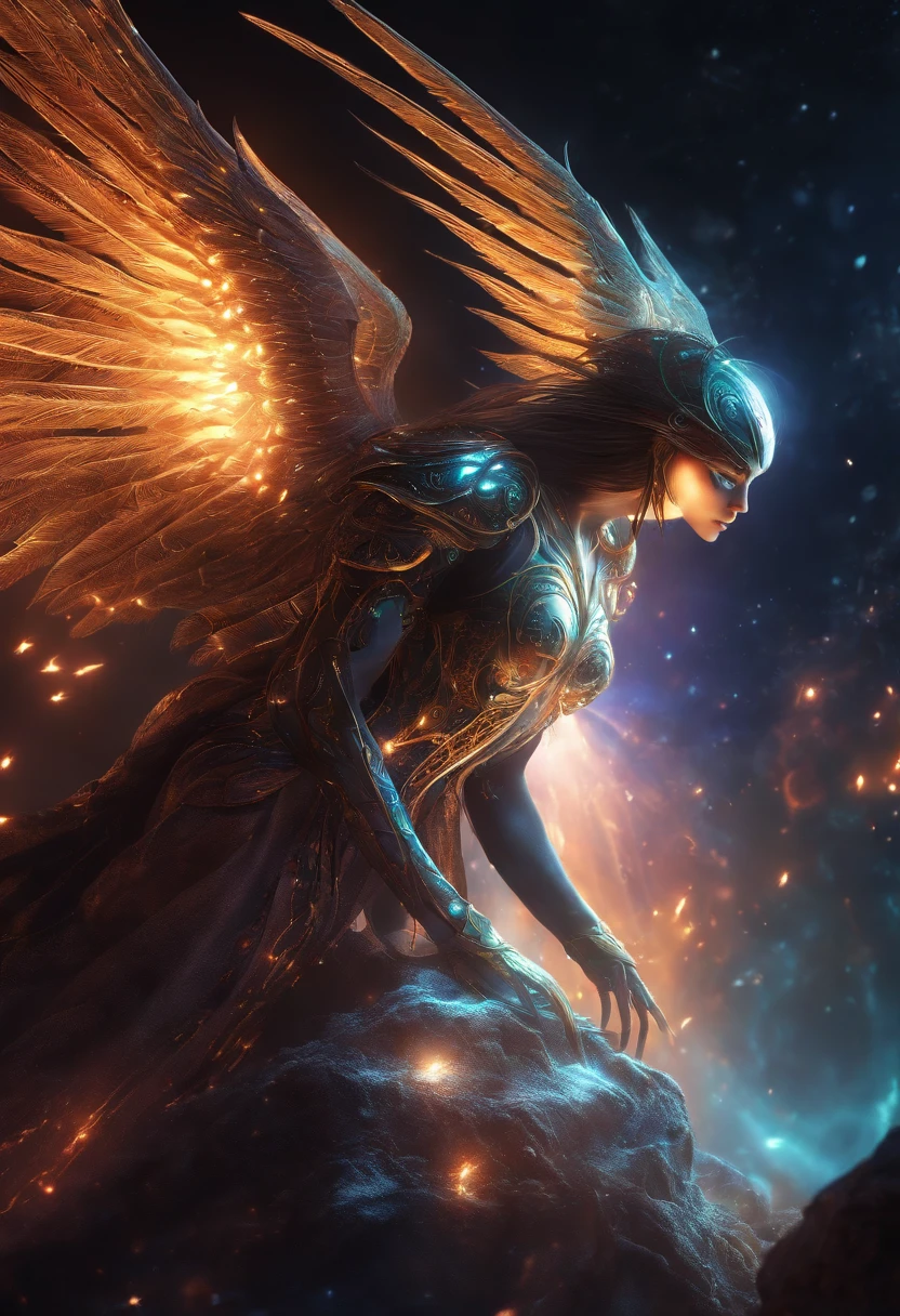 Cosmic Fallen Angel, Glowing light eyes, biomechanical, eldritch, Creepy, nightmarish, Very bright colors, light particles, with luminous light, Mshiff, Wallpaper Art, UHD wallpaper