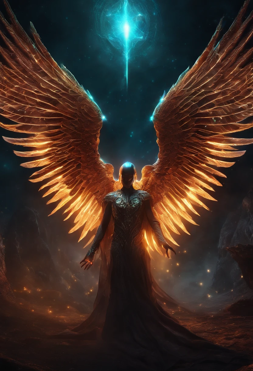 Cosmic Fallen Angel, Glowing light eyes, biomechanical, eldritch, Creepy, nightmarish, Very bright colors, light particles, with luminous light, Mshiff, Wallpaper Art, UHD wallpaper