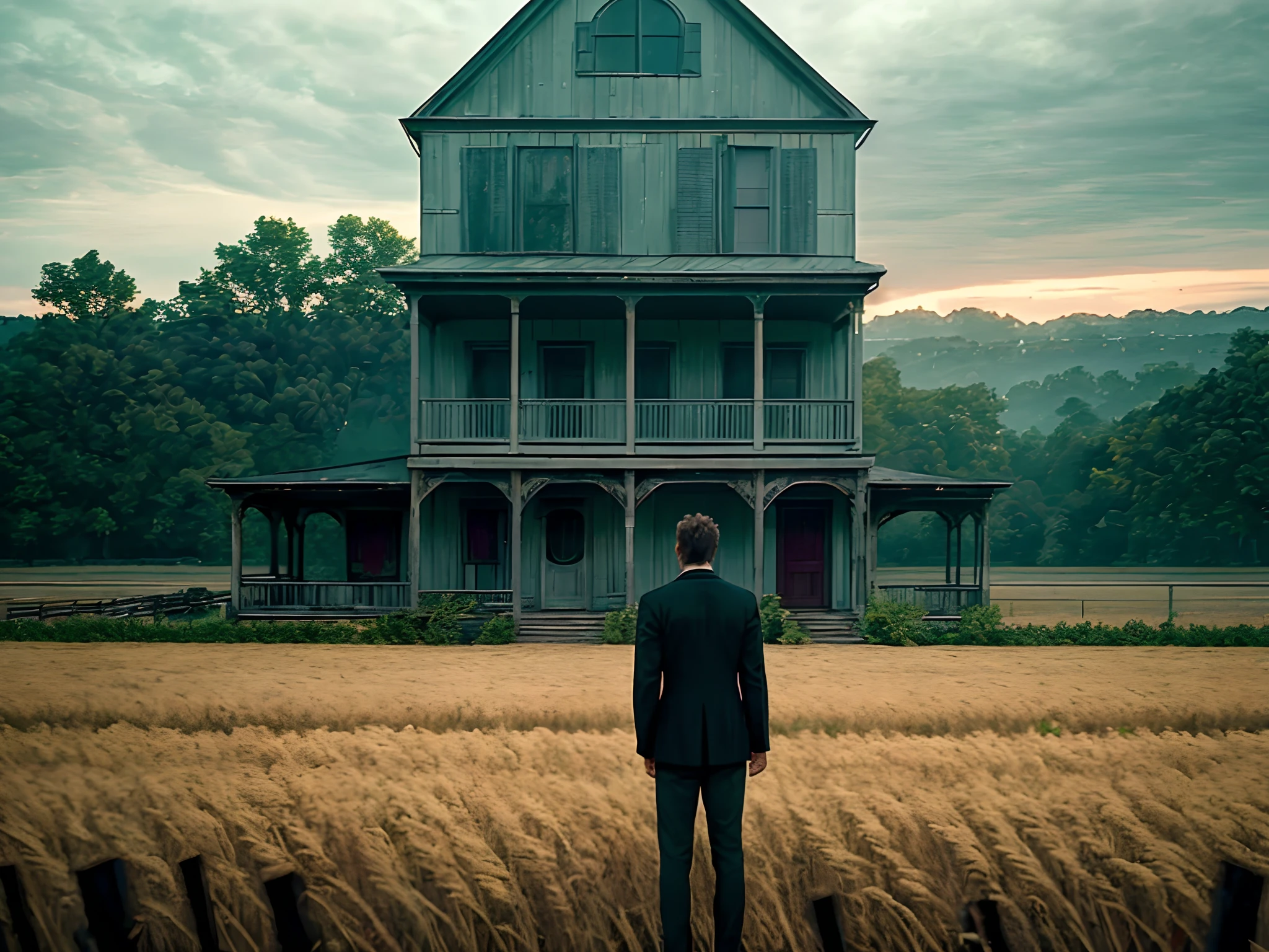 arafed man standing on a porch looking out at a field, terrence malick screenshots, terrence malick, cinematography roger deakins, the most beautiful scene, stunning moody cinematography, zack snyder cinematography style, opening scene, beautiful cinematography, southern gothic scene, in roger deakins style, wonderful scene, in this ominous scene, eerie david lynch cinematography. Ultra HD cinematography