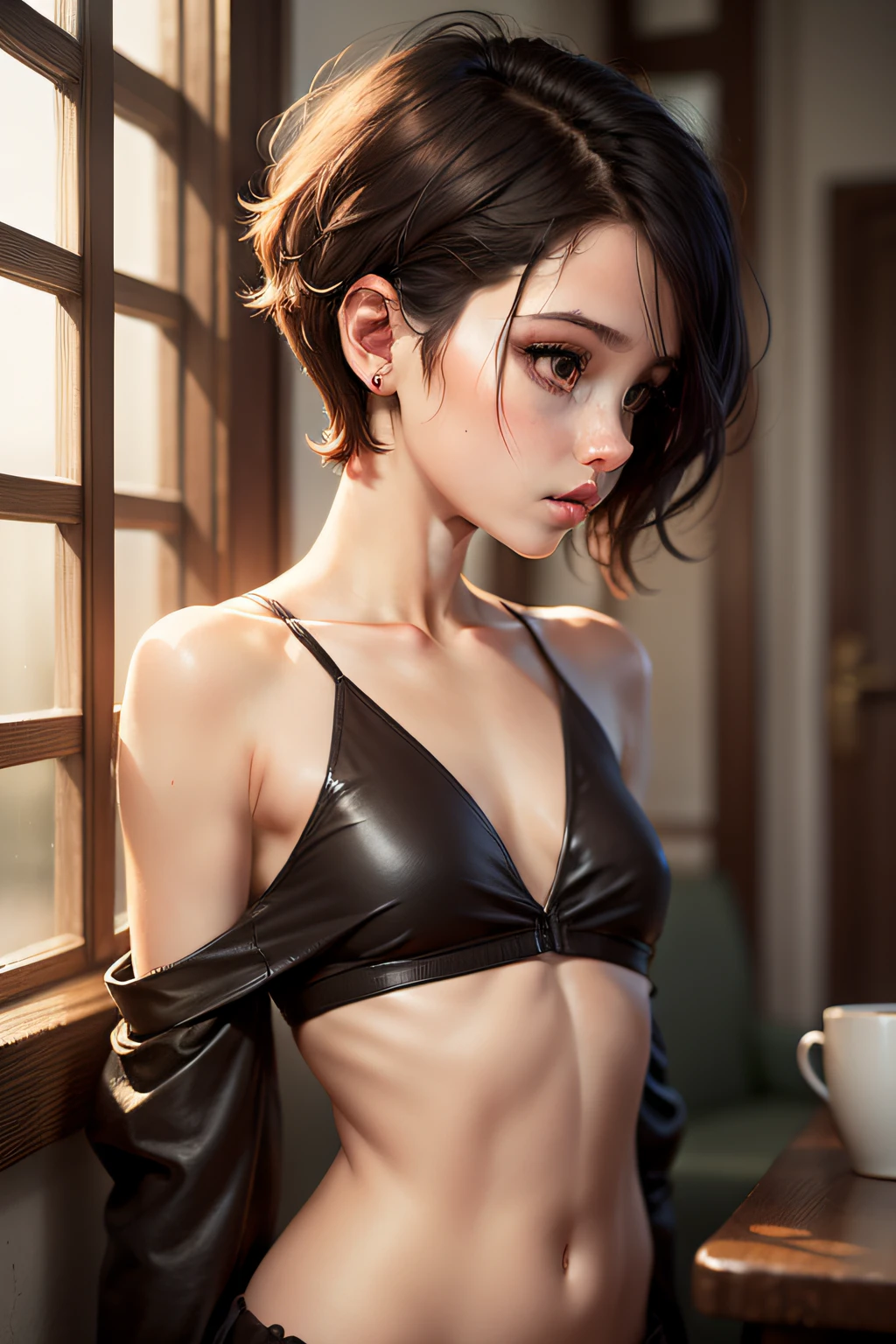 Hairy young woman headshot with dark red top and white tiny skirt, short brown hair and big eyes, androgynous face, short hair, curly pixie hair, curly pixie cut hair, half body headshot, there is a woman with black hair and big eyes, 1 -, androgynous person, profile picture, small lips, pointed nose, realistic body structure, sipping coffee, showing some adult body lines