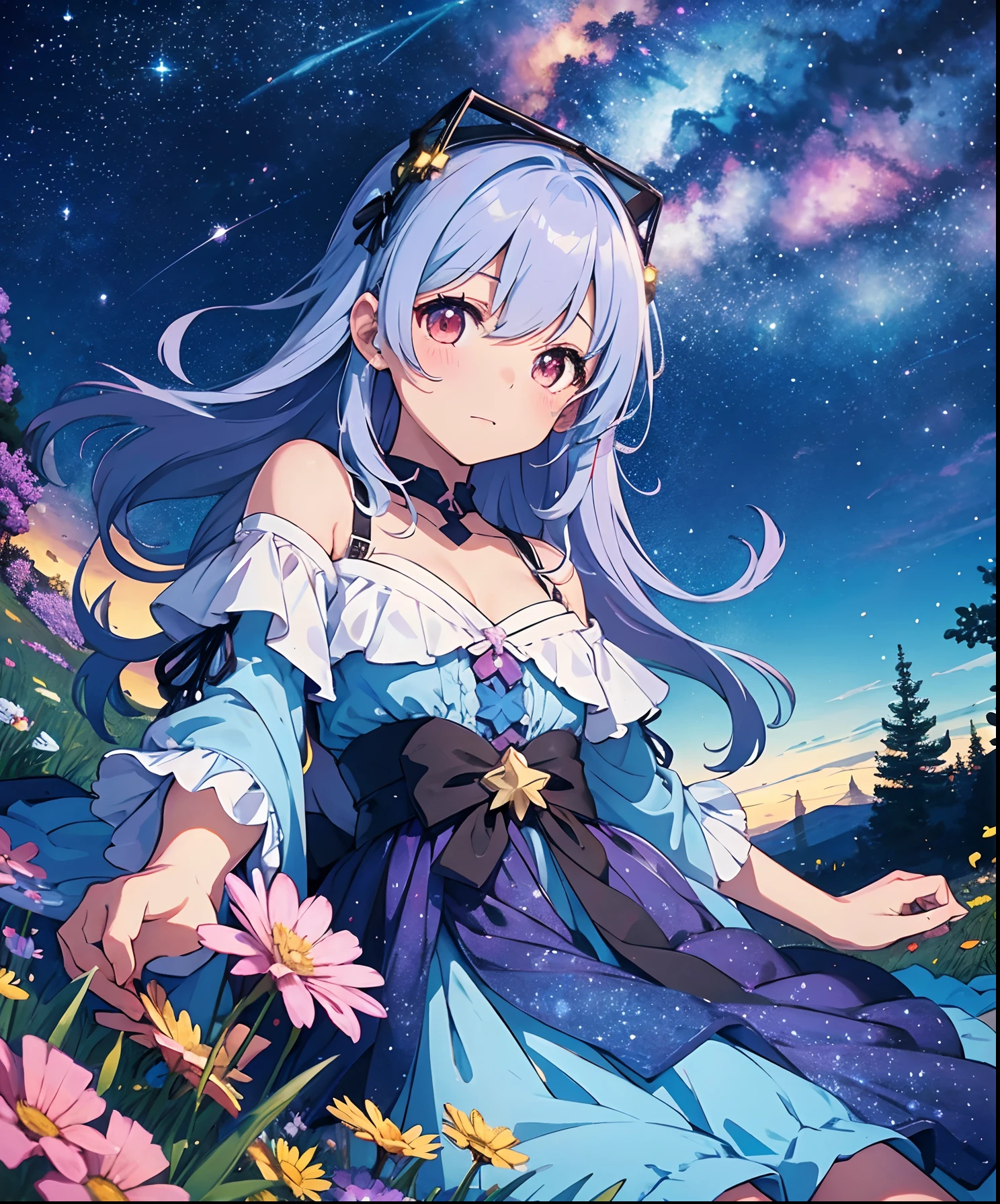 Describe a scene where a cute girl character is lying on a grassy hill, Looking up at the starry sky. Surround her with colorful nebulae and her favorite constellations.