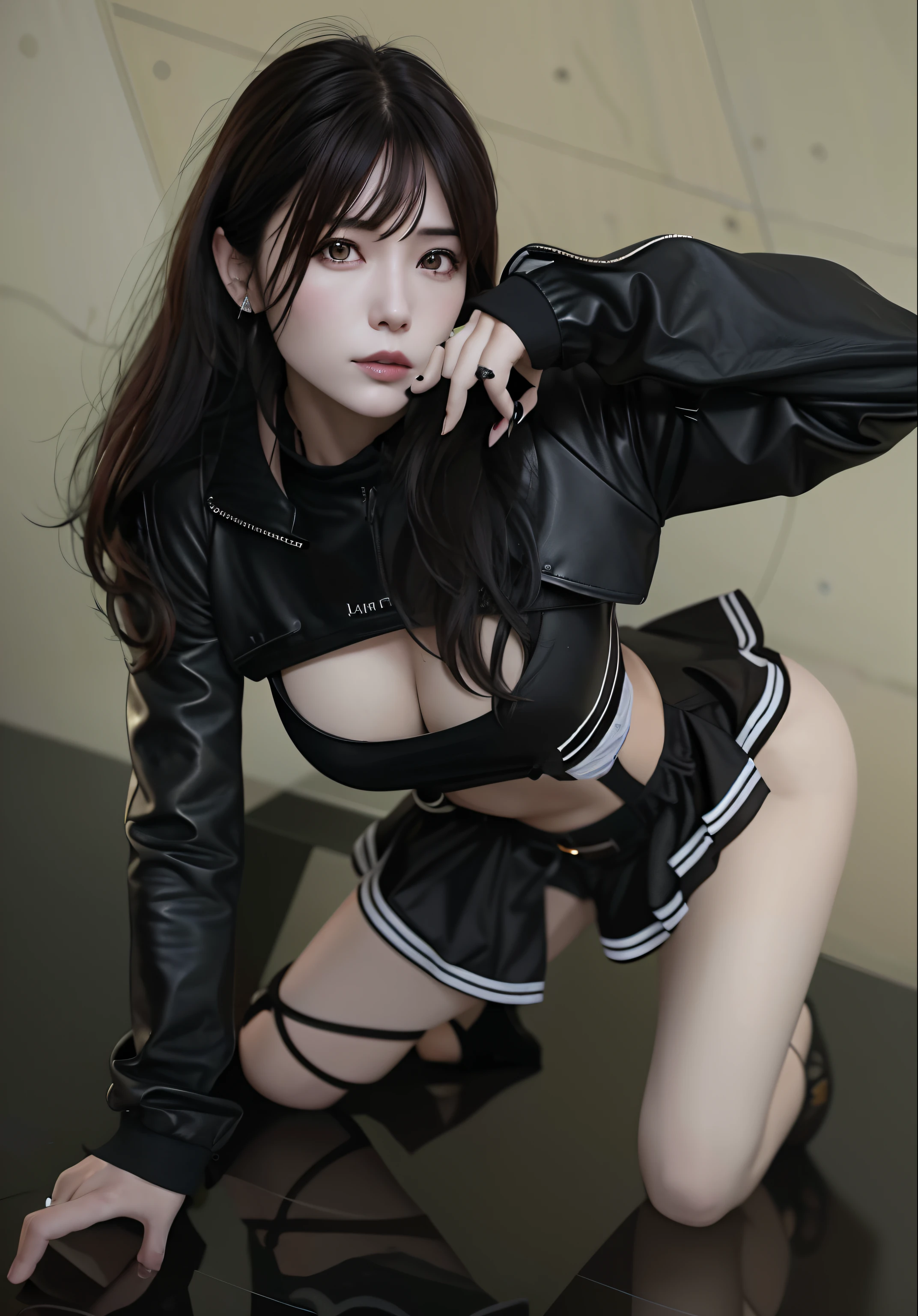 there is a woman in a black leather outfit posing for a picture, taken with a canon eos 5 d, taken with canon 8 0 d, taken with canon 5d mk4, taken with canon eos 5 d mark iv, seductive tifa lockhart portrait, Realistic Young Gravure Idol, taken with a canon eos 5d, taken with a canon eos 5 d