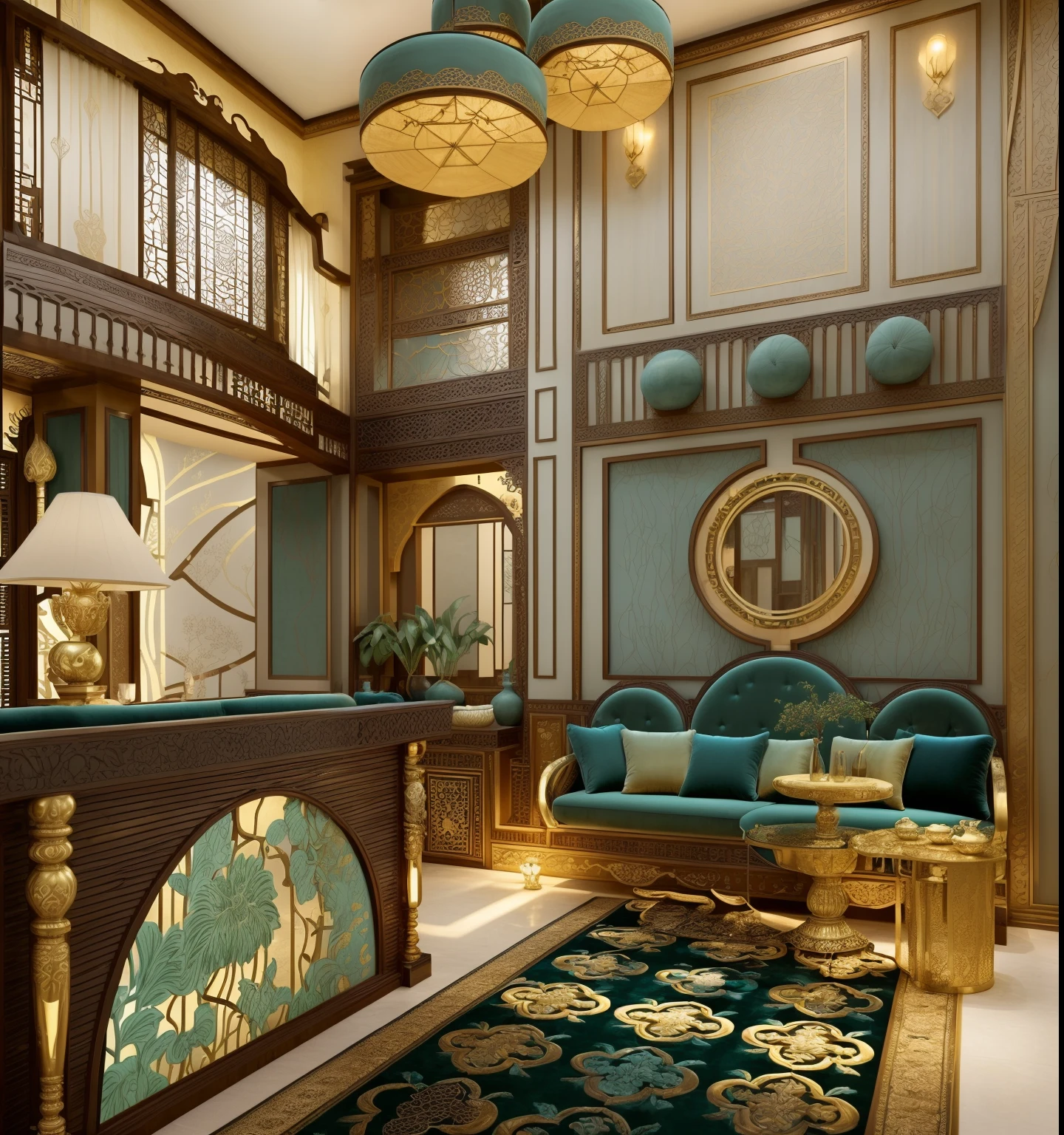 RAW photo, interior classic style, (high detailed skin:1.2), 8k uhd, dslr, soft lighting, high quality, Please generate an exquisite and highly detailed image of an Indochine-style multi-story villa living room. The room should feature luxurious black wood furniture, prominently displayed wall art or stone cladding with standout patterns, elegant LED and chandelier lighting, an impressive deep teal velvet or silk sofa, and harmonious wall paint and curtain colors that enhance the interior. Additionally, include a TV mounted on the wall. Emphasize the richness of the Indochine style, with intricate details on the dark wood furniture, the grandeur of the chandelier lighting, and the overall opulent ambiance of the space. Create an image that exudes opulence, comfort, and a perfect harmony of elements, making it a standout representation of the Indochine aesthetic