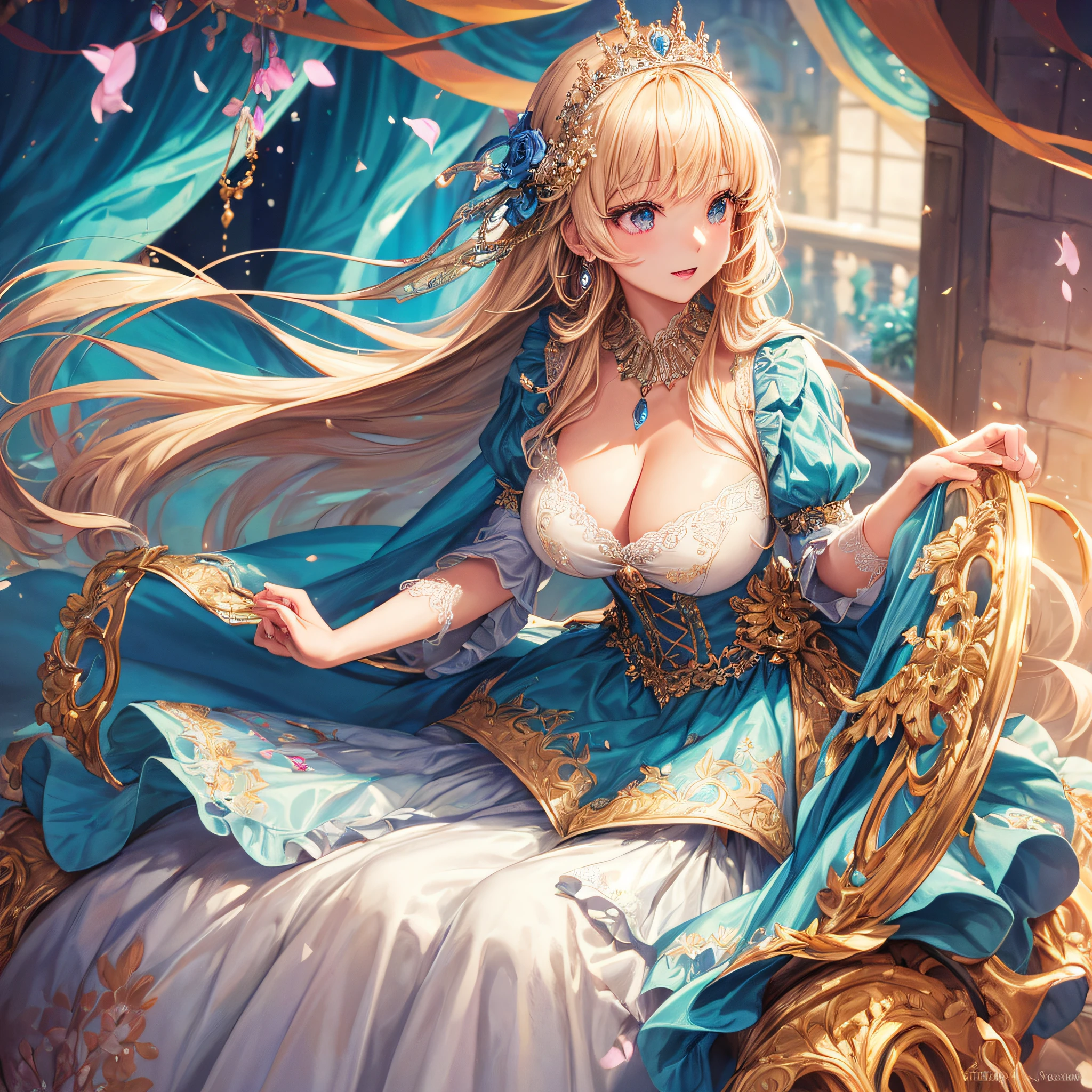 (masterpiece, best quality,extremely detailed,moe anime art style:1.1),1girl, ((solo)), cute, kawaii,digital art,((1 bling-bling anime princess wearing beautiful embroidery and jeweled ruffled gorgeous princess ballgown with voluminous full length hoop skirt)),((crinoline)),long train,voluminous frills,(gorgeous embroidery and beautiful lace),(very gigantic boobs,cleavage,skindentation),((shiny hair,very long straight hair)),((finely detailed face and eyes)),clear pupil,extremely gorgeousfull hair ornament,(bling-bling jeweled extremely gorgeousfull tiara),((bling-bling gorgeous gemstone jewelry)),long veil,((beautiful background,fantasy)),flowers,flower petals flowing,full body,(looking away),((beautiful embroidery and jeweled ruffled gorgeous princess ballgown with voluminous full length hoop skirt))