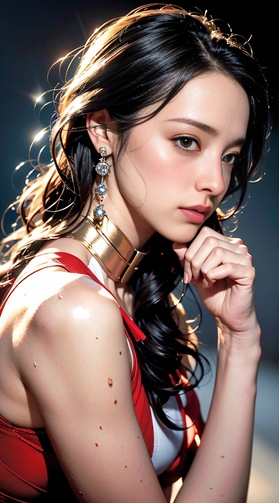 (1girl:1.3), solo,__body-parts__, official art, unity 8k wallpaper, ultra detailed, beautiful and aesthetic, beautiful, masterpiece, best quality, RAW, masterpiece, super fine photo,, best quality, super high Resolution, photorealistic, sunlight, full body portrait, stunningly beautiful,, dynamic pose, delicate face, vibrant eyes, (side view), she is wearing a futuristic Iron Man mech, red and gold, Highly detailed abandoned warehouse background, detailed face, detailed complex busy background, messy, gorgeous, milky, high detailed skin, realistic skin details, visible pores, sharp focus, volumetric fog, 8k uhd, dslr camera, High quality, film grain, fair skin, photorealism, lomography, sprawling metropolis in a futuristic dystopia, view from below, translucent