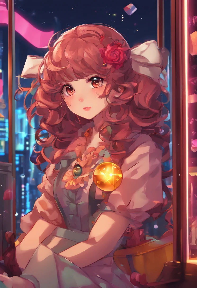 Curly-haired girl sitting in shop window,Wearing a Lolita dress,Delicate face,alice in the wonderland,Lolita style,In steampunk style,(tmasterpiece,Best quality), made with illustrator, Colorful illustration, cute illustration, Cute detailed digital art, adorable digital art, A beautiful artwork illustration, lovely art style, Soft anime illustration, Anime style illustration, cute artwork, cute colorful adorable, Colorful bubbles,balloon,Star jewelry,Light,high detailed official artwork,Beautiful anime art, Anime fantasy illustration,, Soft light,(warm color:1.2),watercolor paiting, Light background, best quality exquisite details,3D rendering of,rendering by octane