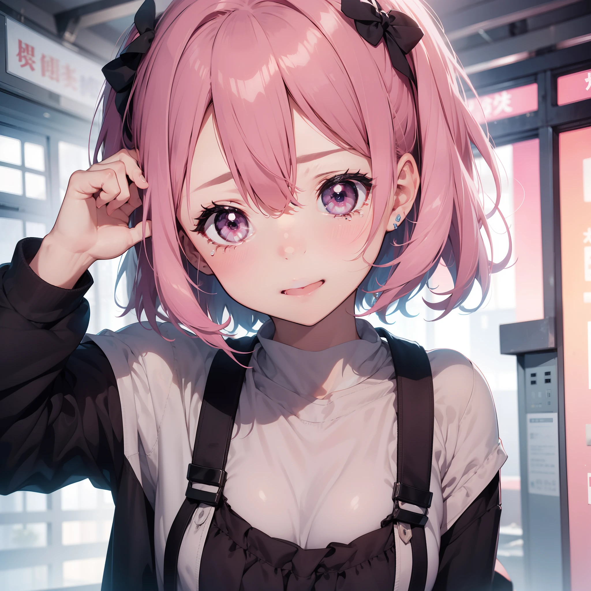 masuter piece、独奏、up of face、Realistic eyes、Teary-eyed、Holding back tears、Laughter tears、Pink hair color、Good time、Disheveled bangs、No hair styling、short-cut、boyish、Put your hand on your cheek、