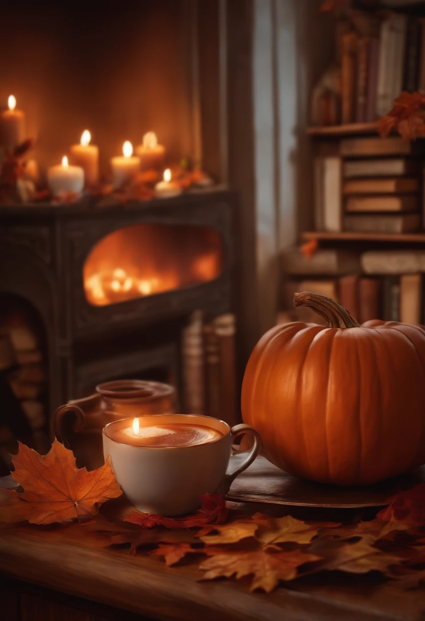 A cozy scene of a fireplace, a bookshelf, and a cup of hot chocolate, with fall leaves and pumpkins scattered around, oil painting style