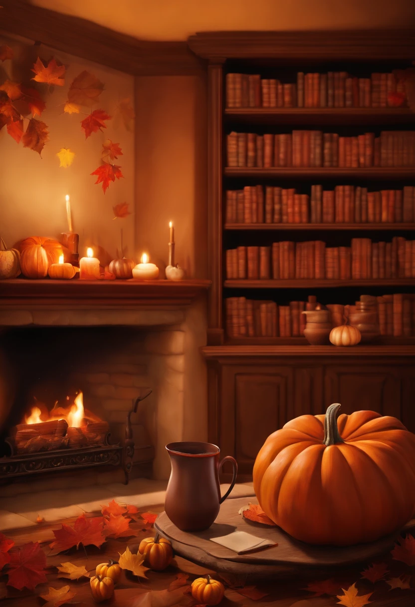 A cozy scene of a fireplace, a bookshelf, and a cup of hot chocolate, with fall leaves and pumpkins scattered around, oil painting style