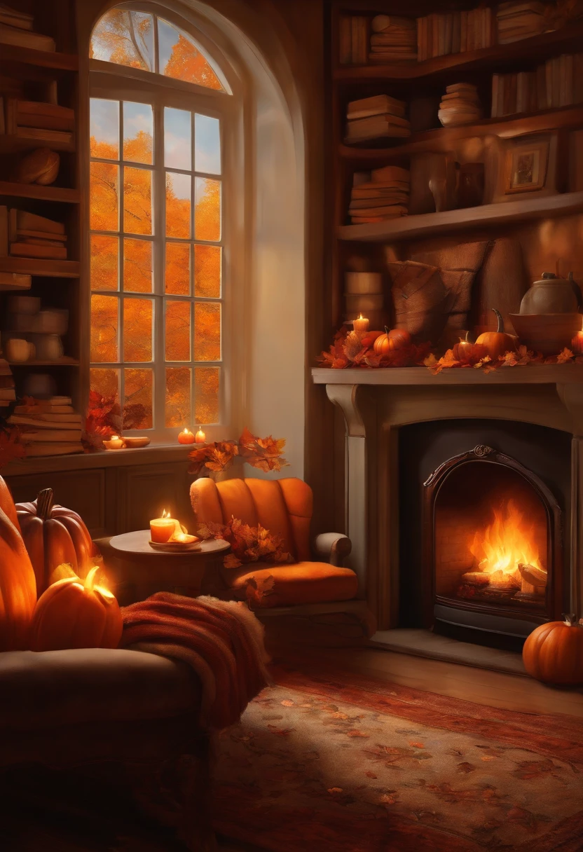 A cozy scene of a fireplace, a bookshelf, and a cup of hot chocolate, with fall leaves and pumpkins scattered around, oil painting style