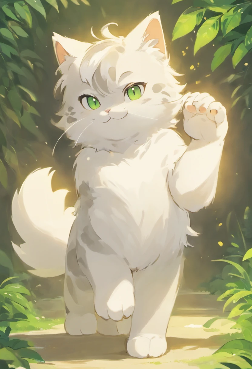 hairy pubic,looking toward the viewer, A turtle,mammal, grey tabby cat, Solo, White body, White fur, Clothing,Wear a plain white short-sleeved T-shirt,White shorts , anthro, tuft, Ambiguous gender, Detailed background, wears, inner ear fluff, Black nose, Nature, Beautiful and good-looking green eyes,Fluffy tail,Cute cat's paw,Young,Petite and cute emphasis,Walking posture,Detailed characters,A smile on his face(1.2),balding,the night,borgar(1.1)。Solo furry,White fur,hyper cute face,Glowing T-shirt,Beautiful lights and shadows,ambient lights,Ultra-fine fur,volumettic light