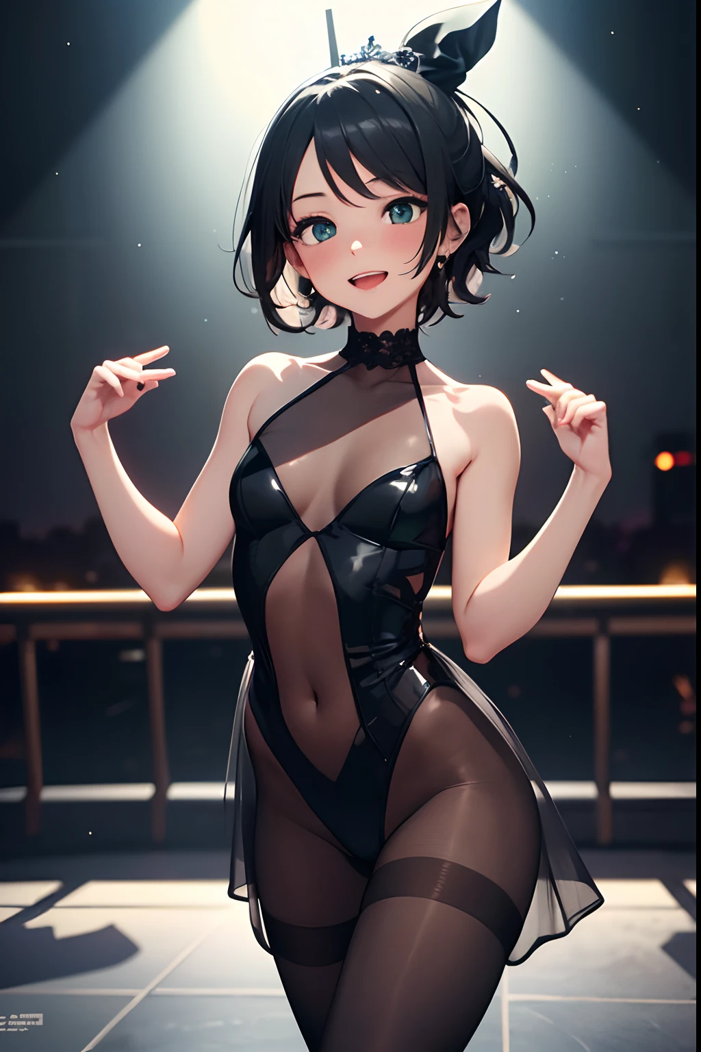 ((masterpiece,best quality)), highres, extremely detailed 8K wallpaper, depth_of_field, best shadow, (Colorful),(Delicate eyes and face), nice hand, Perfect hands, (Perfect lighting), Ray tracing, BREAK
dancing, (1girl in), mogami \(kancolle\), black hair, short hair, black eyes / green eyes, swept bangs, small breasts, slender, skinny, smile, (full-face blush), open mouth, BREAK,
(ballerina, ballet:1.2), (tutu:1.3), (dark leotard:1.2), (transparent dark dress:1.3), (black pantyhose:1.2), bare shoulders, tiara, cameltoe, point shoes, ballet slippers, sexy, BREAK,
(cowboy shot and knee:1.5), stomach focus, ((dancing saloon)), night time, (dark backgrounds:1.3),