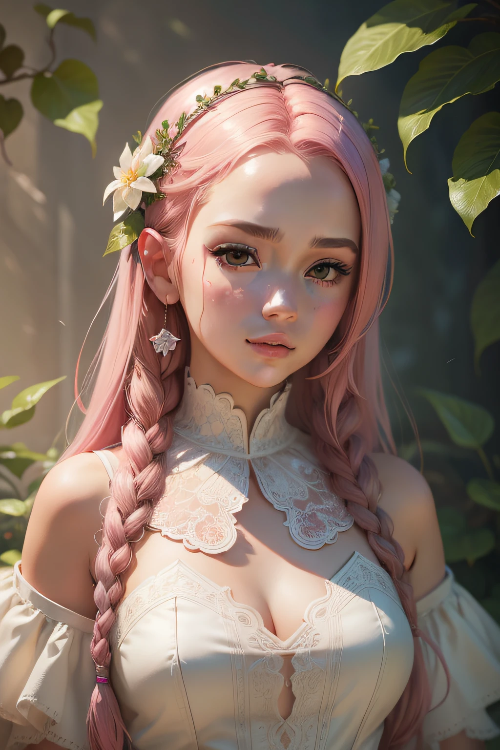 Trends on ArtStation, Trends on CGSociety, Intricate, High Detail, Sharp Focus, Dramatic, Realistic Art of Drawing by Midjourney and 1girl, pink hair, (Botanical Illustration: 1.5), White Dress