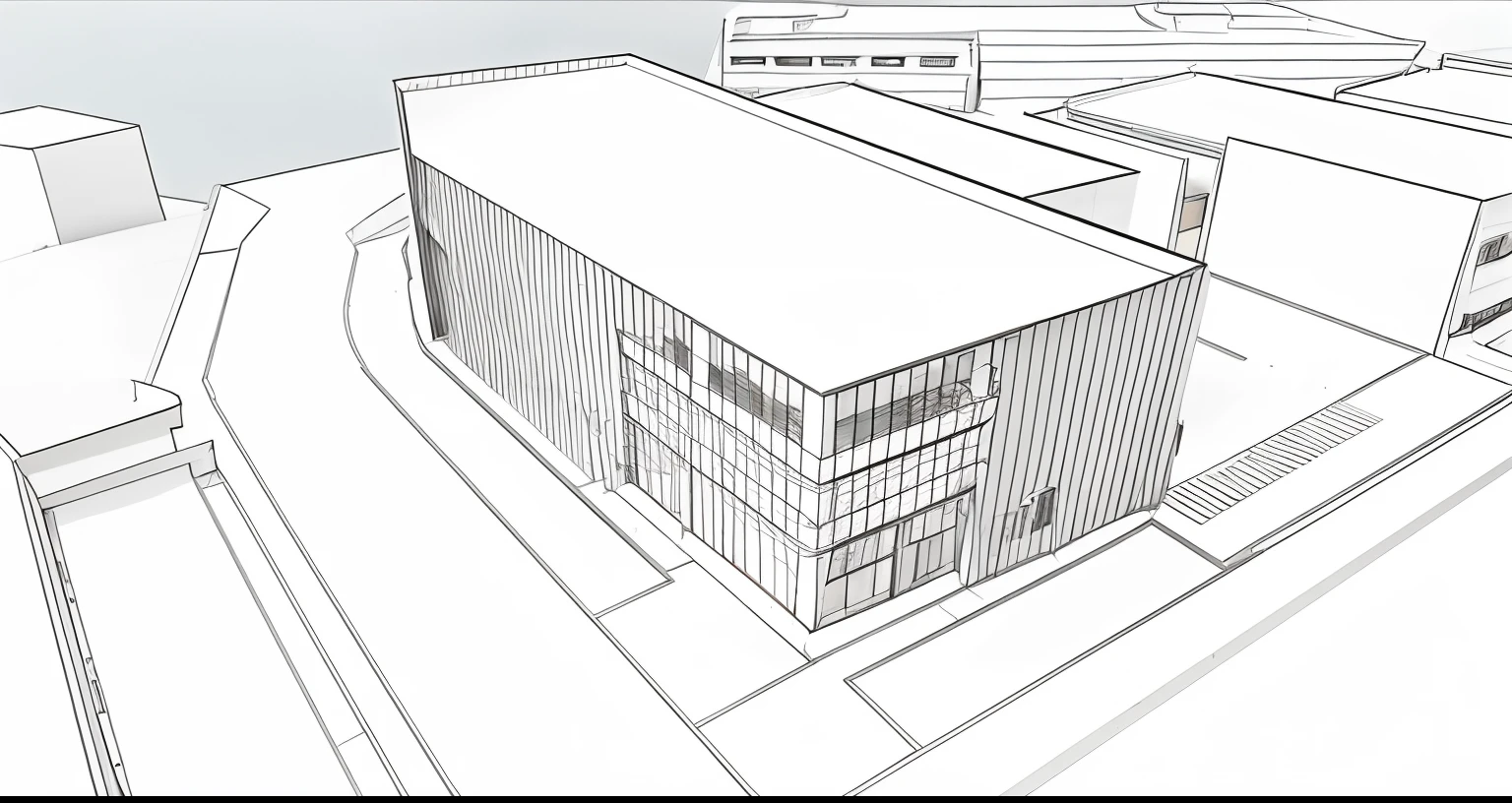 a drawing of a building with many windows and a staircase, sharp hq rendering, perspective view, desenho conceitual, rendering of checkmate, Radiosity rendering, exterior grande angular 2022, etching render, Detailed rendering, sharp focus ilustration hq, imagem conceitual, a digital rendering, detailed renderings, isometric perspective view, conceptual rendering