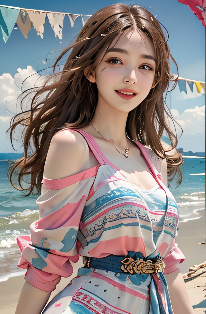 Photorealistic, High resolution, One Young Woman, Solo, hips up high, look at viewr, (Detailed face), Colorful summer clothes, sea side、Look here、looking happy smile、
