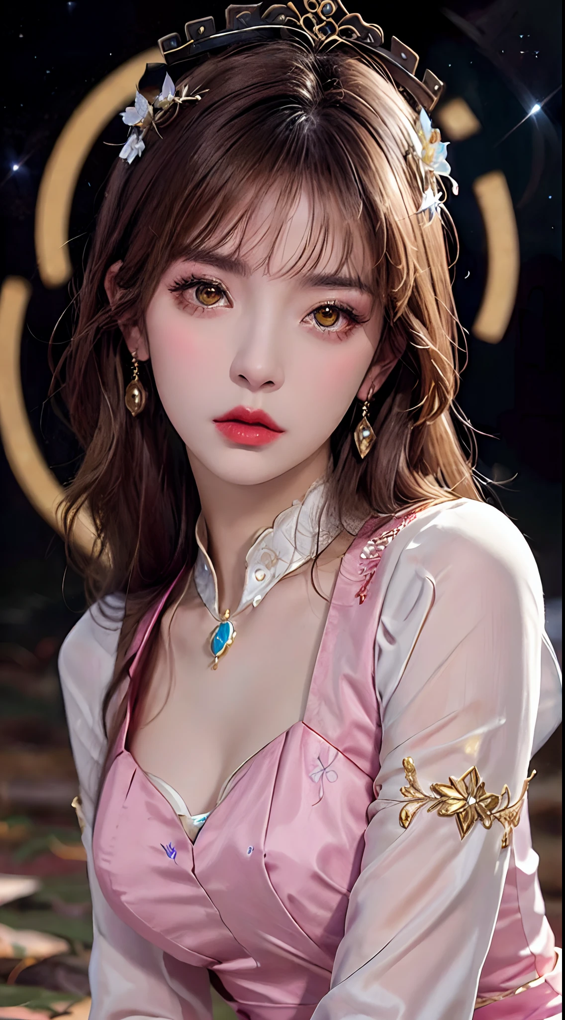1 27-year-old girl, 1 zodiac goddess from the future, goddess of the pink and purple 12 zodiacs, the goddess of the zodiac in a yellow ao dai, a 12 zodiac ao dai with many black lace detail, mythology Goddess of the 12 zodiacs from the future, zodiac ♏, luxurious glittering zodiac style, dark and mysterious version, zodiac crown, lipstick lips red, thin and beautiful lips, mouth closed, characters made by karol bak and pino daeni, intricate detail, detailed background, extremely detailed, light magic, a woman, clear face, hair long with bangs, beautiful face in detail and well-proportioned eyes, (transparent yellow eyes: 1.8), big round eyes and very beautiful and detailed makeup, foresight, silk dress, mysterious makeup , double bangs and dyed light blonde , upper half portrait, zodiac goddess portrait, arms hanging loosely, Realistic and vivid photo, (stars make up the zodiac: 1.7), (sky background zodiac and fictitious space and time portal: 1.8), fiction art, RAW photo, hanfu picture, best photo, best photo quality, 8k quality, 8k ultra, super realistic, real photo most economical, the goddess poses sexy and seductive,