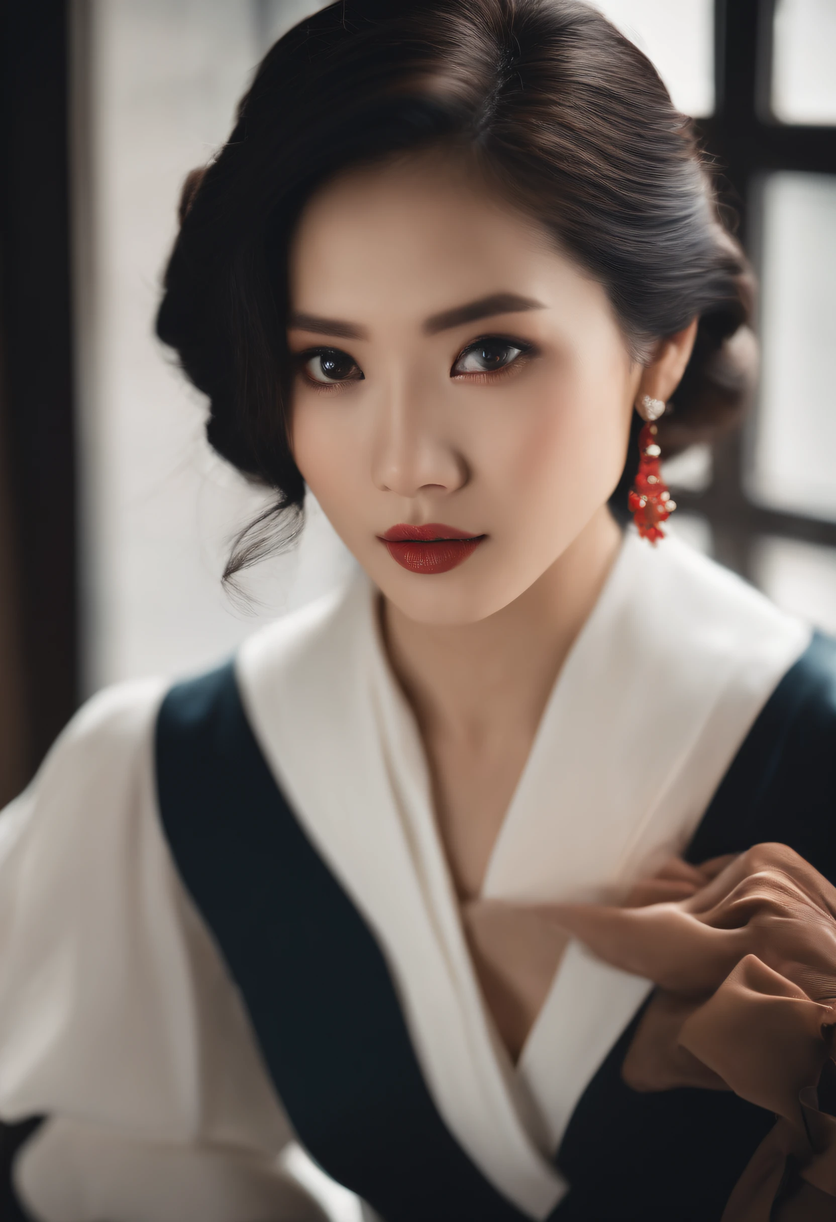 Asian white-collar women，Bust photo，conservative dress，Rebellious eyes，真实感