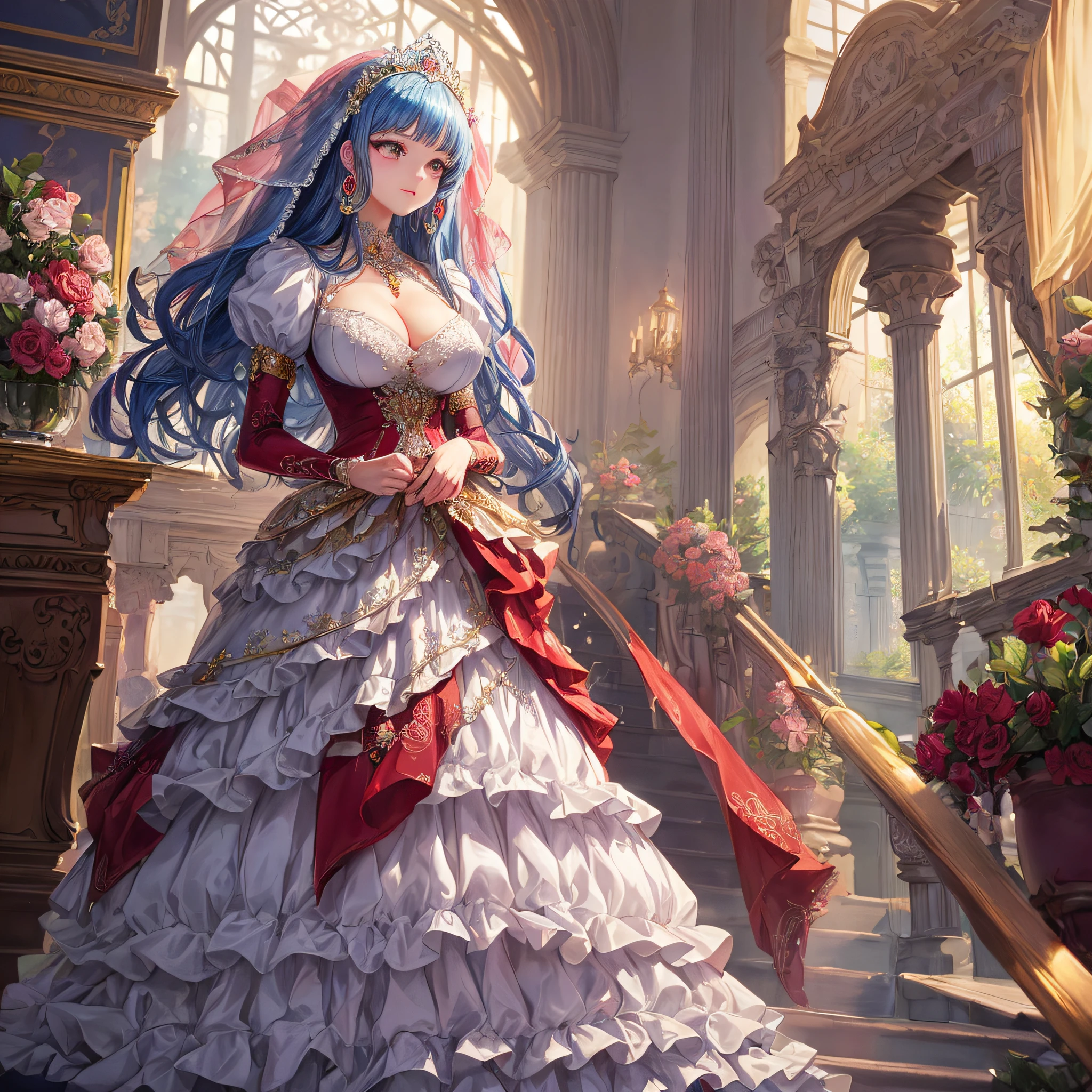 (masterpiece, best quality,extremely detailed,moe anime art style:1.1),1girl, ((solo)), cute, kawaii,digital art,((1 bling-bling anime princess wearing beautiful embroidery and jeweled ruffled gorgeous princess ballgown with voluminous full length hoop skirt)),((crinoline)),long train,voluminous frills,(gorgeous embroidery and beautiful lace),(very gigantic boobs,cleavage,skindentation),((shiny hair,very long straight hair)),((finely detailed face and eyes)),clear pupil,extremely gorgeousfull hair ornament,(bling-bling jeweled extremely gorgeousfull tiara),((bling-bling gorgeous gemstone jewelry)),long veil,((beautiful background,fantasy)),flowers,flower petals flowing,full body,(looking away),((beautiful embroidery and jeweled ruffled gorgeous princess ballgown with voluminous full length hoop skirt))