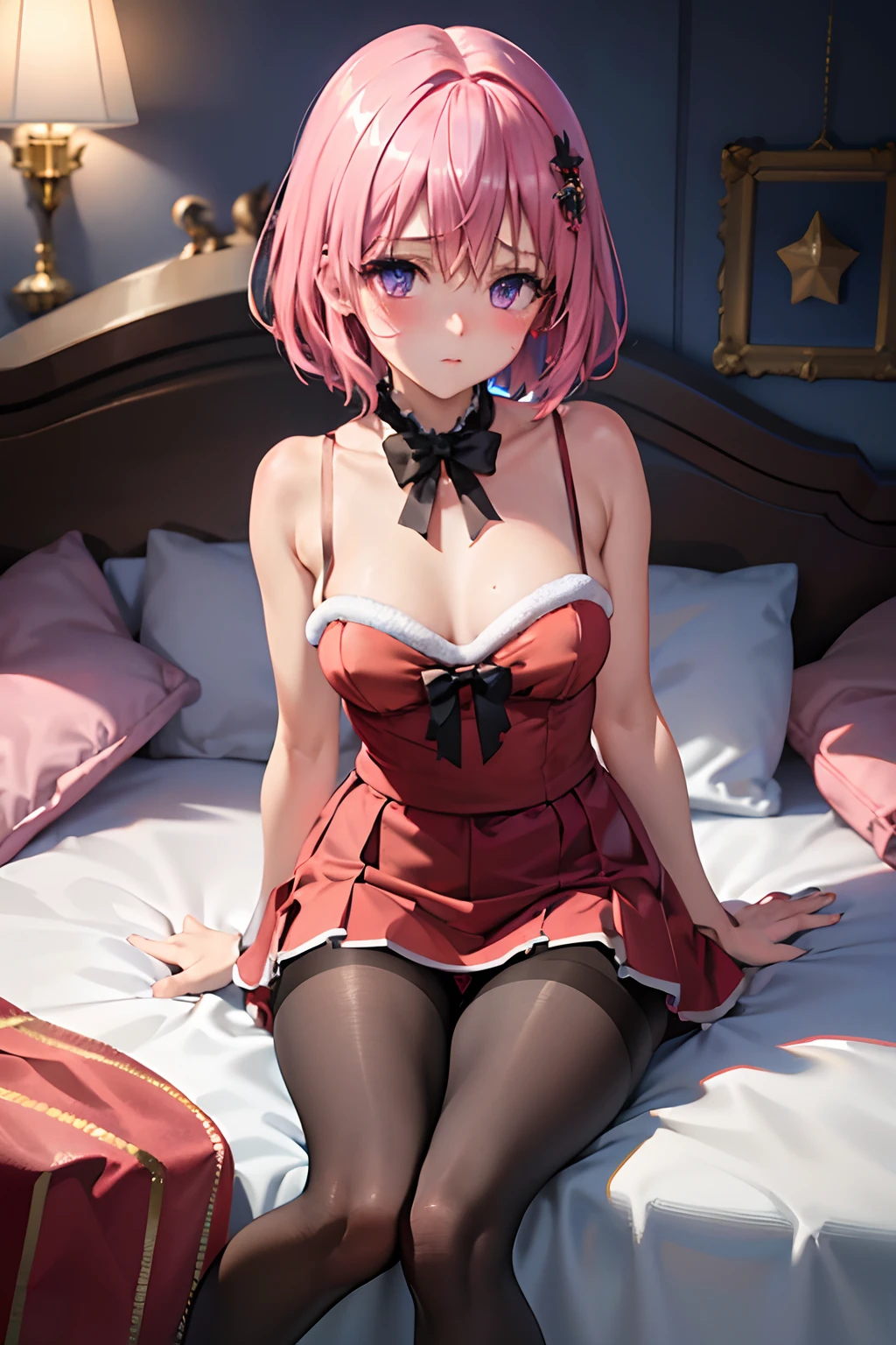 (top-quality:1.1), (masterpiece:1.4), (absurderes:1.0), portlate, a closeup,
1girl in、Momovelia Deviluk、hair adornments、bob cuts、Shorthair pink hair、a purple eye、Medium chest、((Santa Claus clothes))、looking at the viewers、Bedroom、(red blush:1.2)、embarassed expression、(((Black pantyhose)))、on the beds、((boots))、((a miniskirt))、