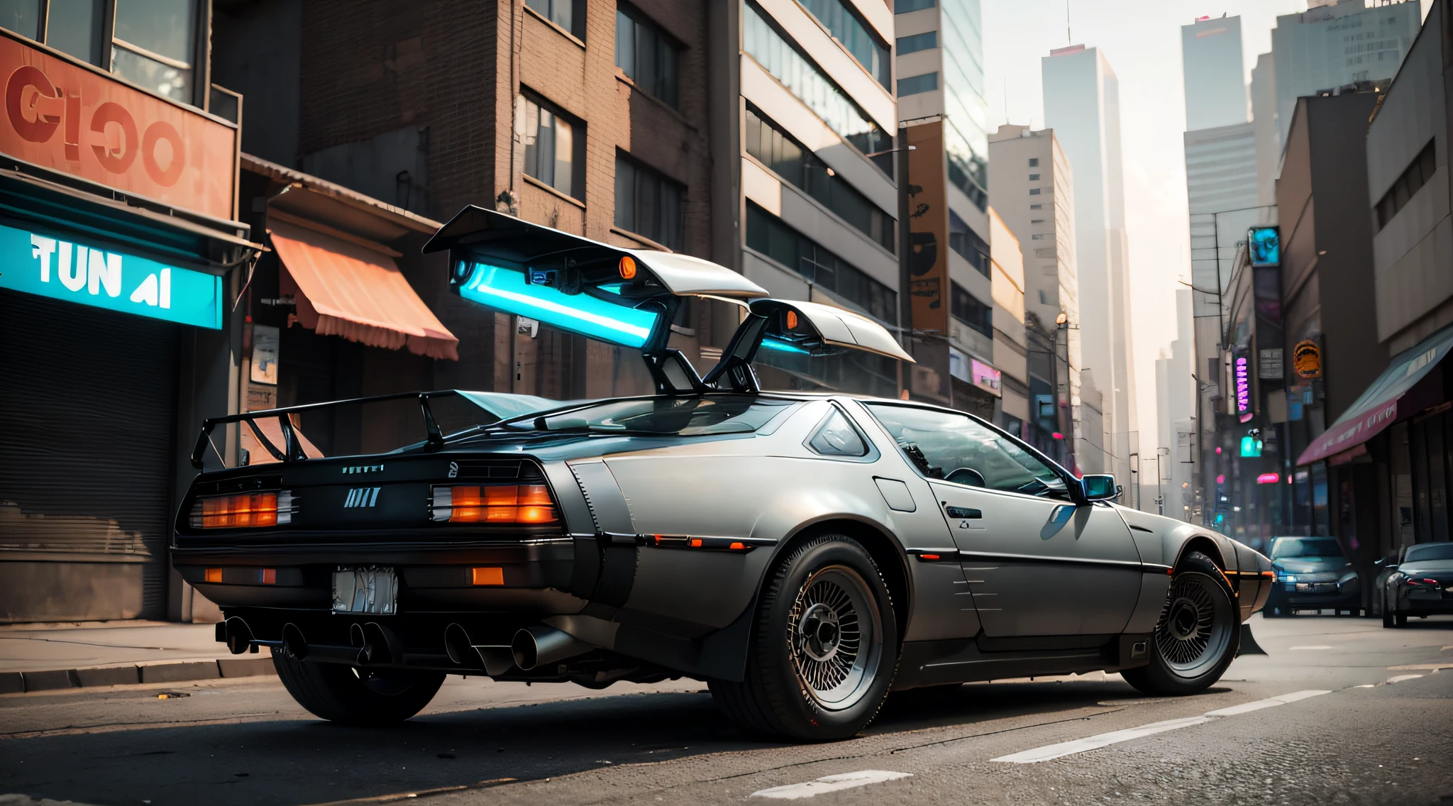 crie uma foto do DMC DeLorean tunado de lado em uma cidade cyberpunk rodiado de garotas sexys