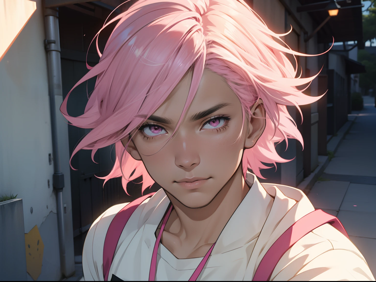 latino man, male, pink eyes, sunlight, pale pink hair, school Outfit, pretty, highly detailed, cinematic, epic, anime style