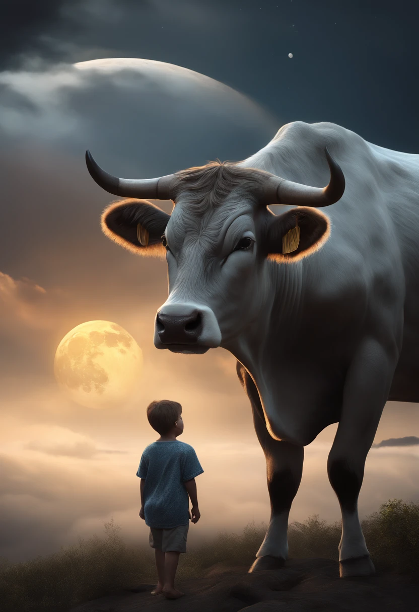 Boy with cow in the clouds on the background of the moon,
fantasy art,
digital graphics, 
unreal engine, 
blender art by artgerm, 
perfect composition, 
octane rendering, 
masterpiece, 
sharp focus, 
fantastic, 
highly detailed, 
art station, 
concept art

32k UHD, 

a complex artistic masterpiece, 

epic, 

ultra-high-definition model, 

hyper-detailing