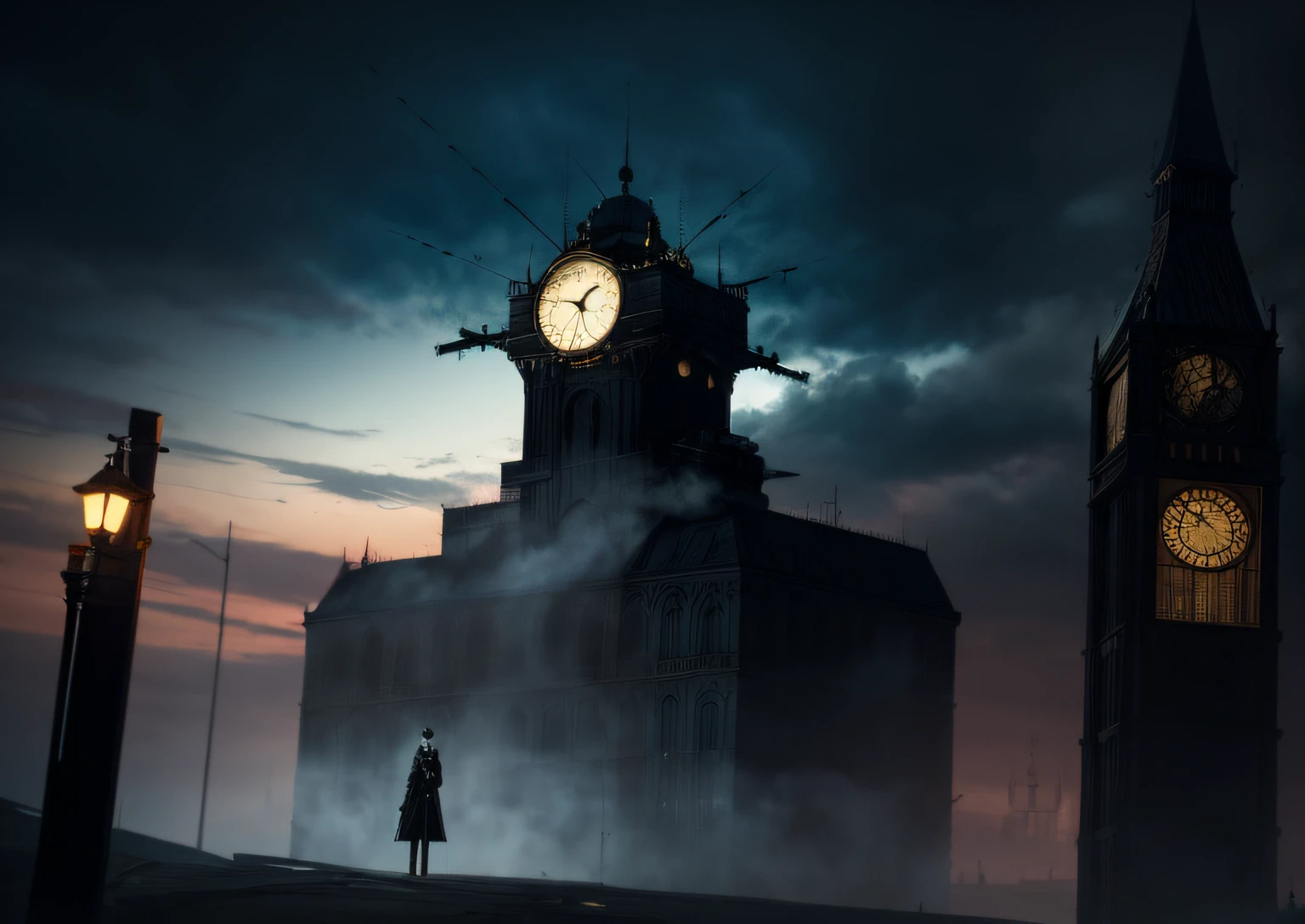 there is a clock tower with a sky background and a dark sky, clocktower, beeple and mike winkelmann, dishonored aesthetic, inspired by Mike Winkelmann, clock tower, by Andrei Kolkoutine, by Aleksander Kobzdej, beeple. hyperrealism, clockpunk, inspired victorian sci - fi, clock