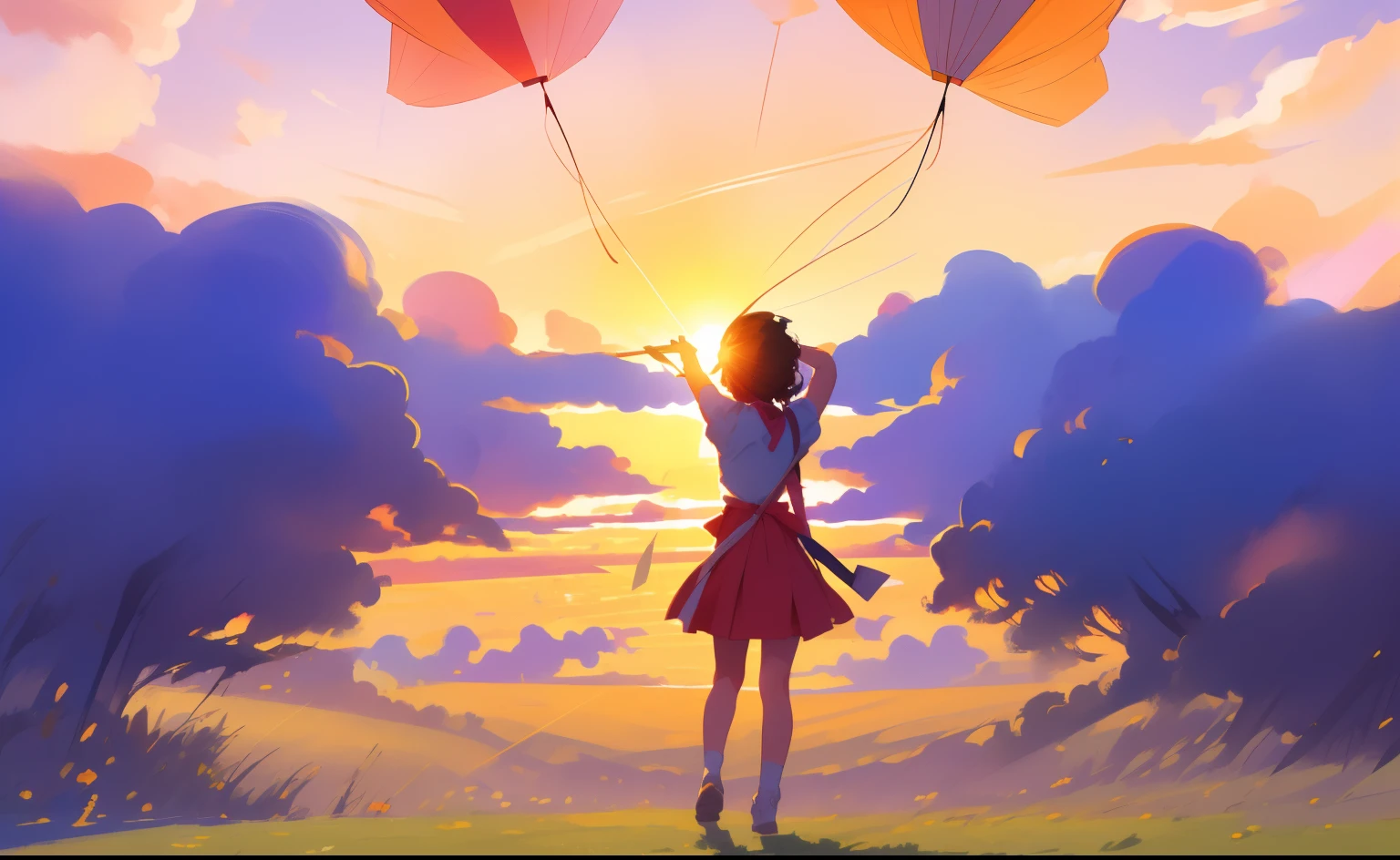 There is a silhouette of a man flying a kite in the sky, with a sunset, Pose(Arms up + cheerfulness), sunset illustration, ((Sunset)), silhouette over sunset, female ascending into the sky, In the sunset, the girl and the sun, Sunset!, Silhouette :7, With sunset, it is sunset, girl clouds, the sunset