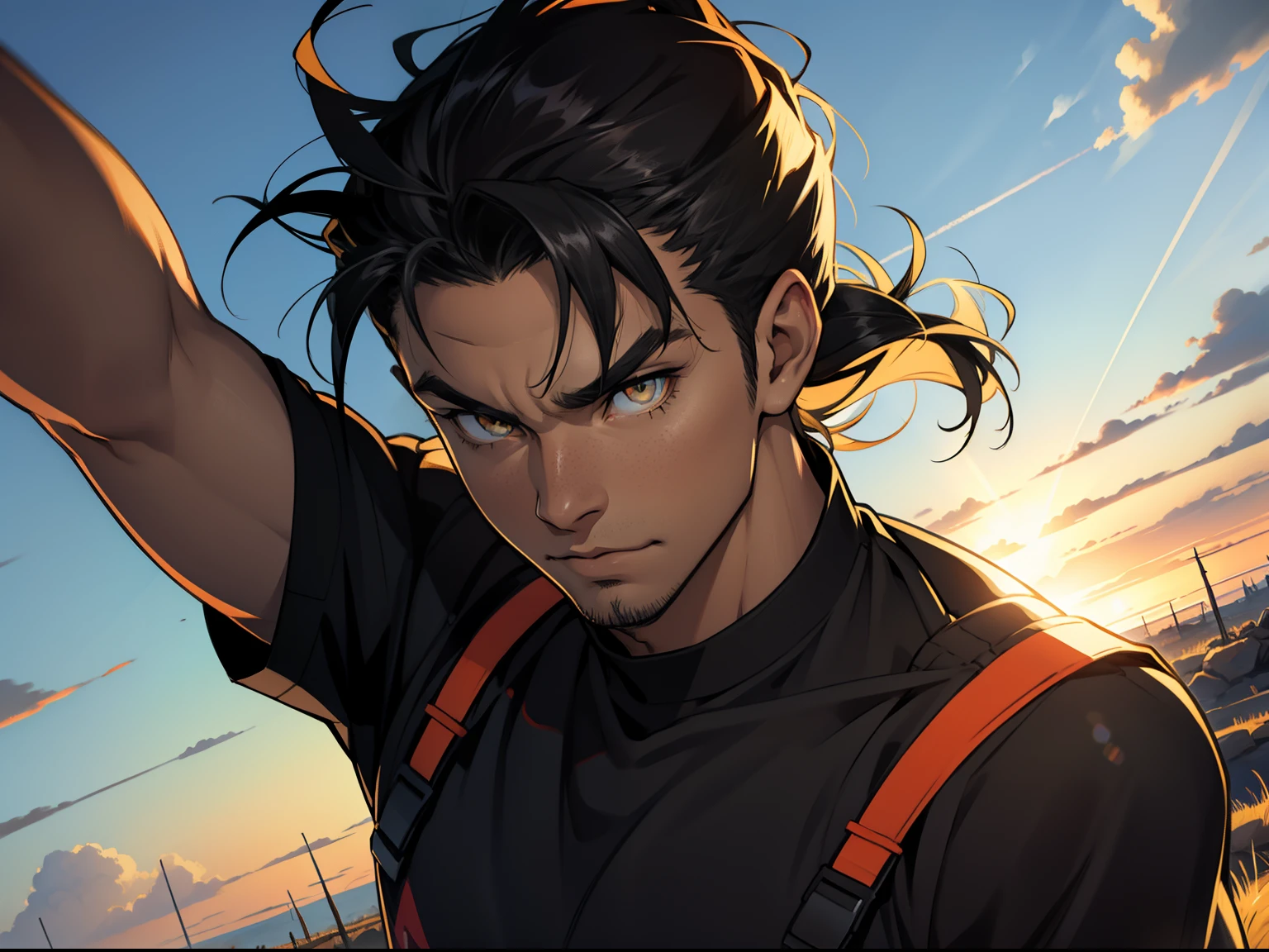 tan man, male, amber eyes, sunlight, black hair, jock Outfit, pretty, highly detailed, cinematic, epic, anime style