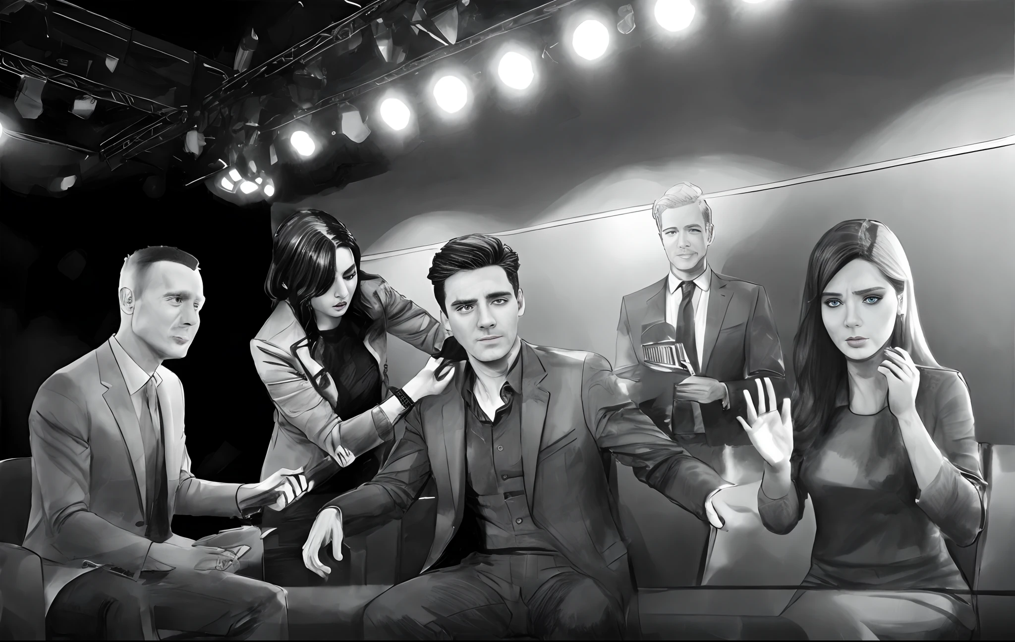 Sketch artstyle, grayscale, monochrome. People at talk show studio, journalists, makeup artist, handsome man, sad and angry young woman in tears.