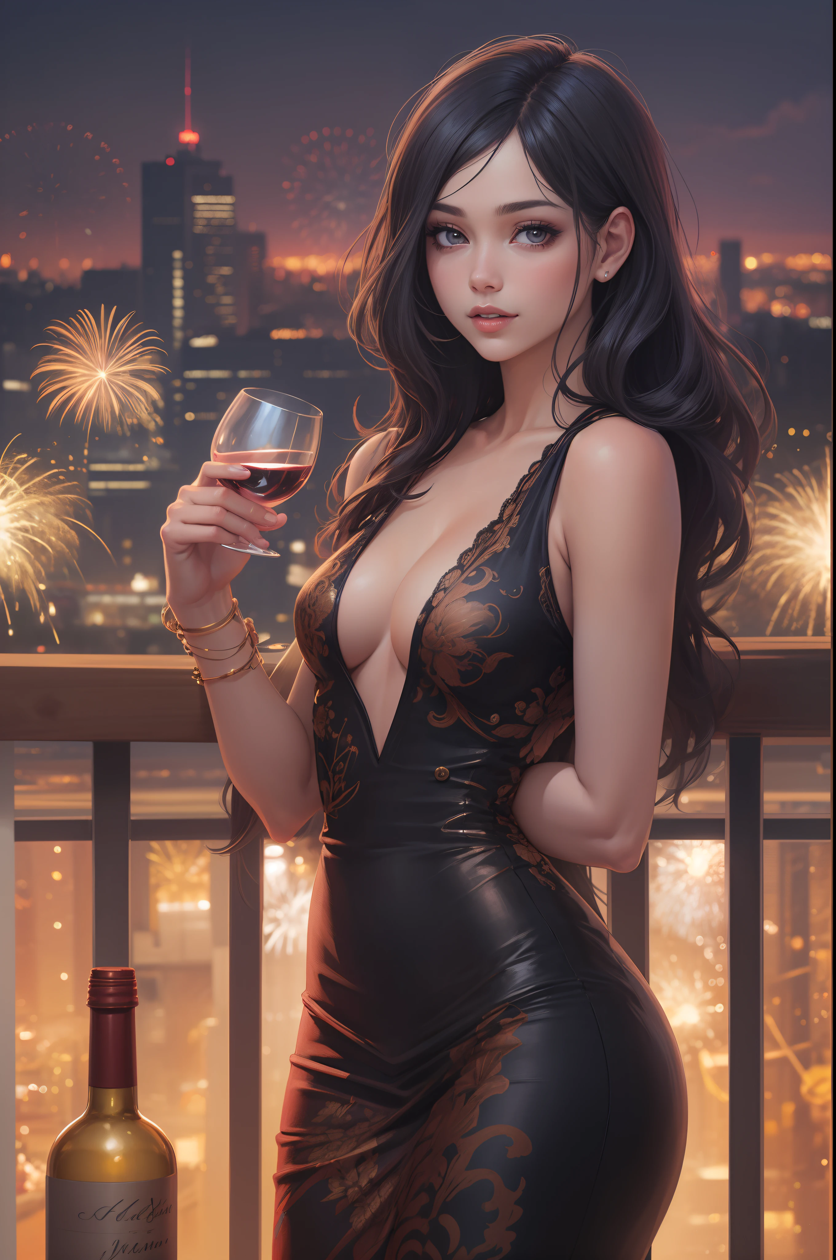 ((A sexy and beautiful woman holding a wine glass and looking at me on the terrace)), ((The cutest 22-year-old beauty)), Charming smile, ((Fireworks in the background) ), ((Very long hair) ), ((One piece with a lot of exposed parts)), ((Rich bust)), Gradient eyes, Seductive makeup, Single view, NFFSW, UHD, Retina, Masterpiece, Accurate, Anatomy Scientifically correct, textured skin, super detail, high detail, high quality, award winning, highest quality, high resolution, 1080P, HD, 4K, 8k, 16k